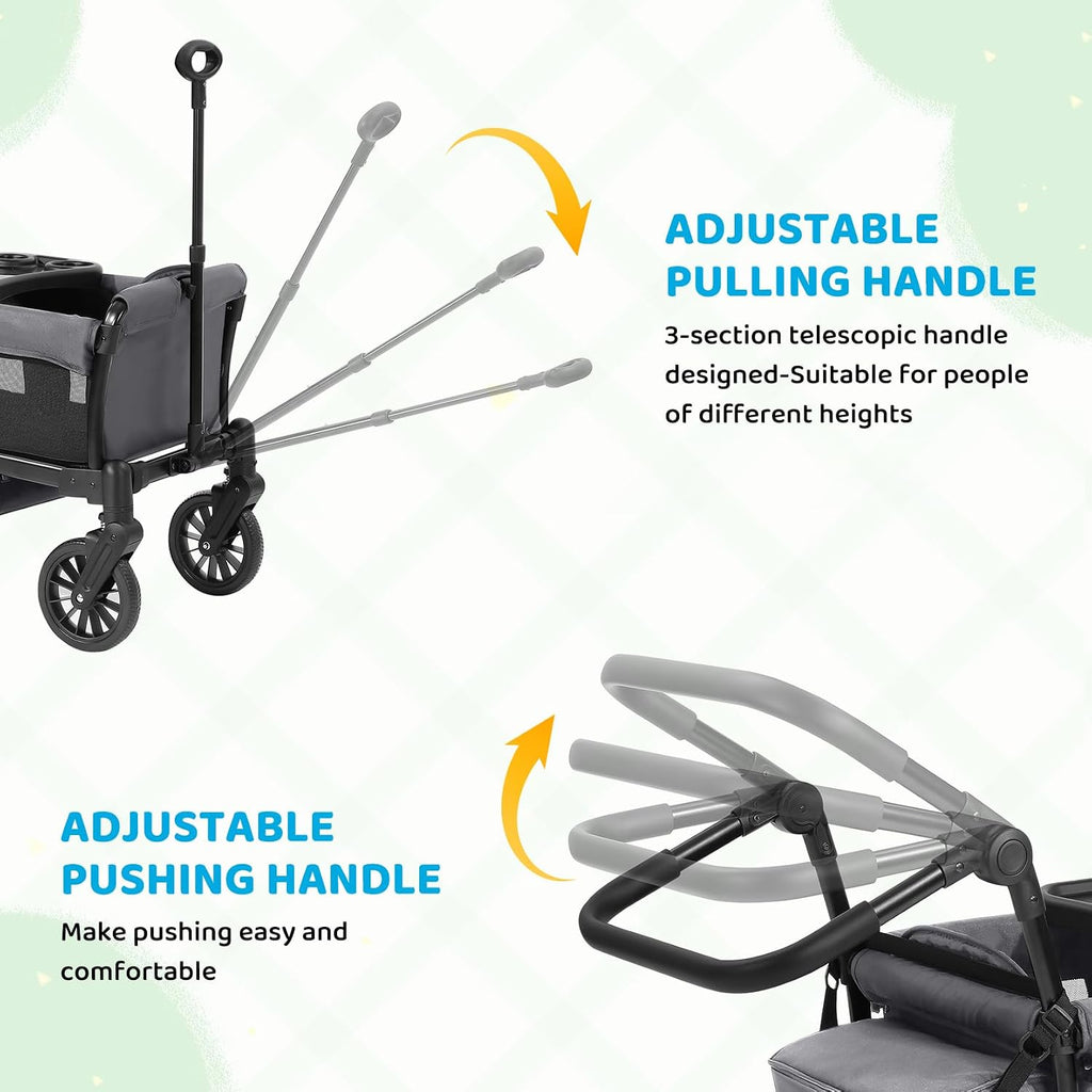 ELEMARA Foldable Wagon Stroller, Stroller Wagon for 2 Kids, Premium All Terrain Wagon for Kids with Removable Canopy, Adjustable Push/Pull Handle, Harnesses, Large Storage Bag, Grey