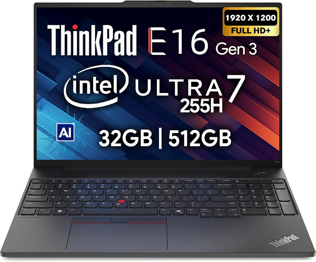 Lenovo ThinkPad E16 Gen 3, 16' FHD+, Intel Ultra 7 255H, 32GB DDR5 RAM, 512GB NVMe, Fingerprint, Backlit Keyboard, WiFi 6E, RJ-45, FHD Webcam, Windows 11 Pro, AI Business Laptop - Black