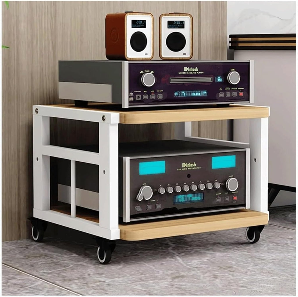 Audio Rack Movable Stereo Rack Audio Equipment Rack Audio Open Stereo Shelf with Wheels HiFi Rack Adjustable Audio-Video Shelving(Natural,2 Tier)
