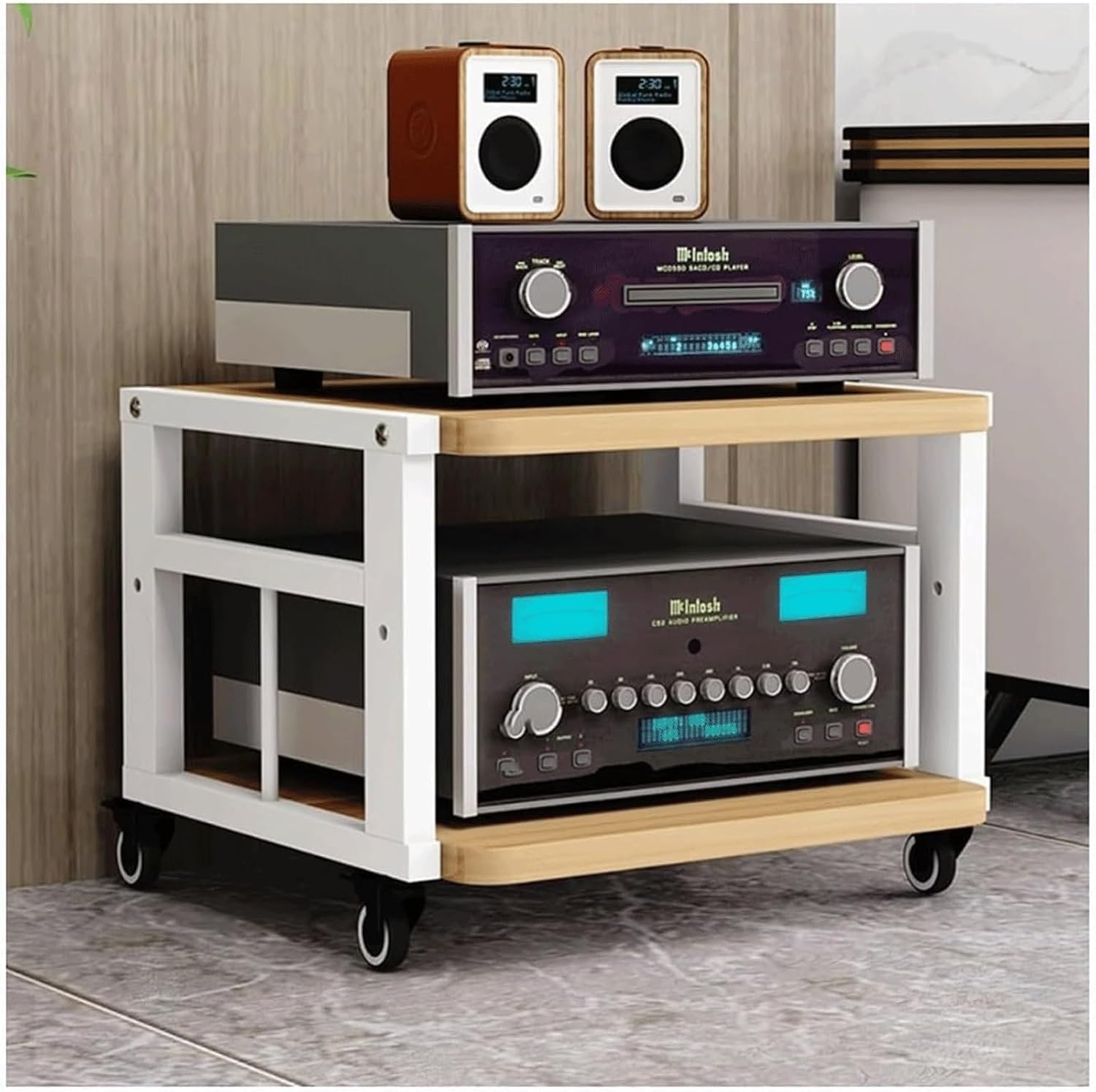 Audio Rack Movable Stereo Rack Audio Equipment Rack Audio Open Stereo Shelf with Wheels HiFi Rack Adjustable Audio-Video Shelving(Natural,2 Tier)