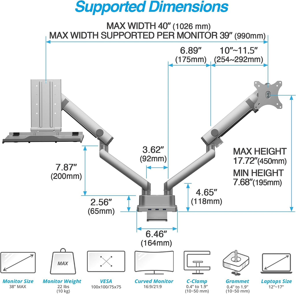 AVLT Dual 17'-38' Monitor Arm Desk Mount with 17' Laptop Tray and USB-C Docking Station, HDMI 4K60Hz, USB-A 5Gbps, Ethernet, 100W PD, Fits Two Flat/Curved - Gray