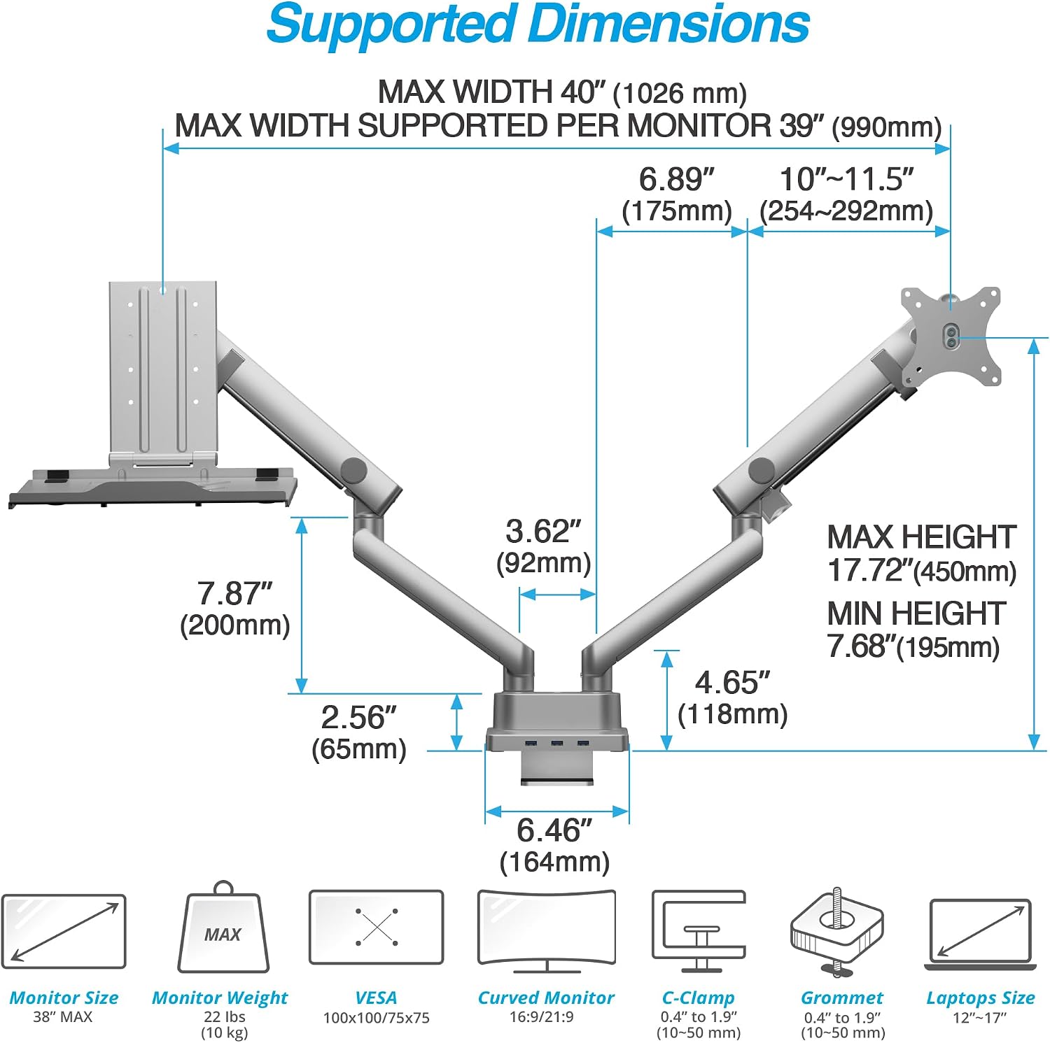 AVLT Dual 17'-38' Monitor Arm Desk Mount with 17' Laptop Tray and USB-C Docking Station, HDMI 4K60Hz, USB-A 5Gbps, Ethernet, 100W PD, Fits Two Flat/Curved - Gray