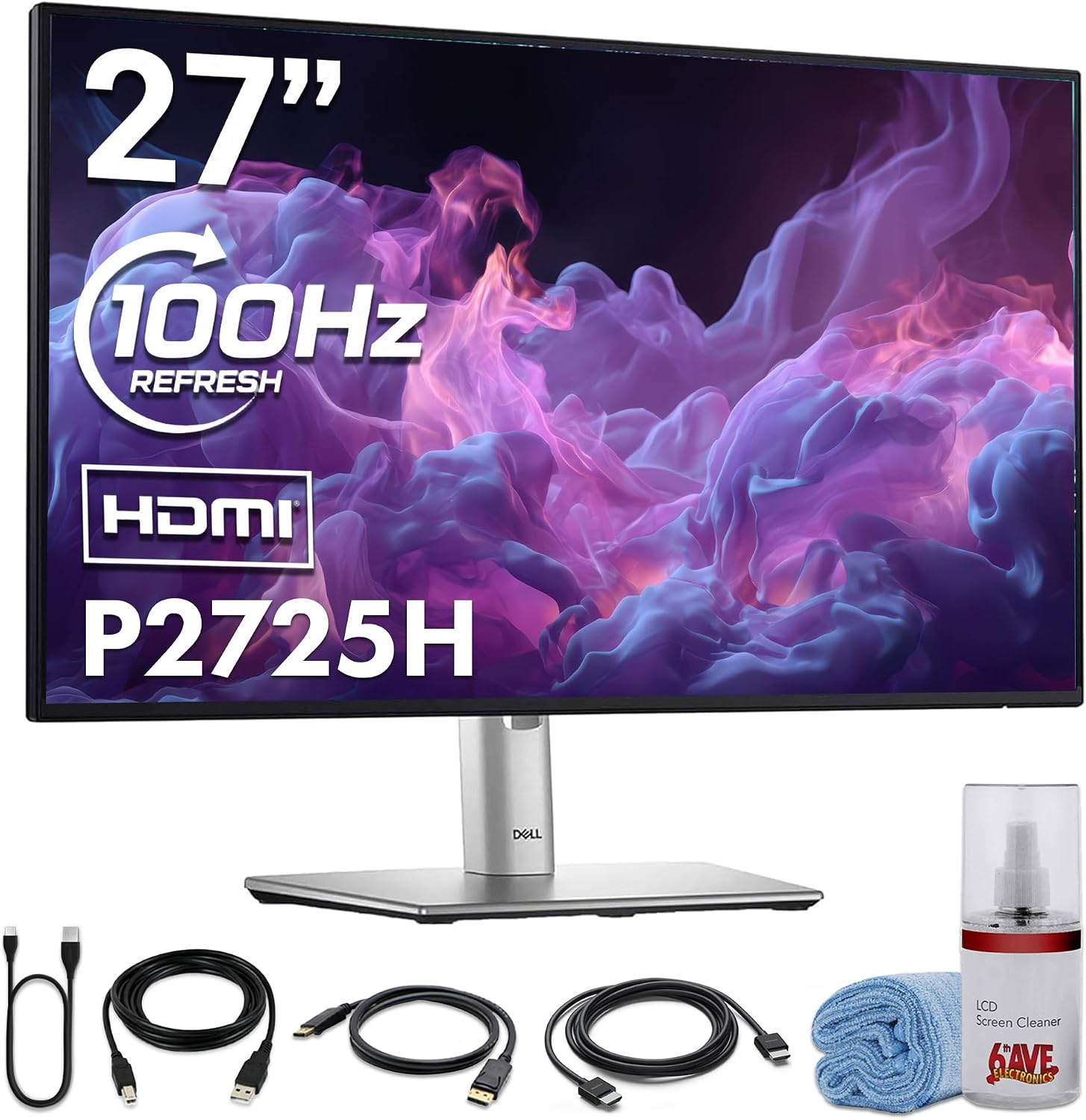 Dell P2725H 27″ Full HD (1920×1080) IPS LED 100Hz Monitor | Comfortview Plus, Height-Adjustable, Anti-Glare Display + USB-C Cable + Cleaning Kit
