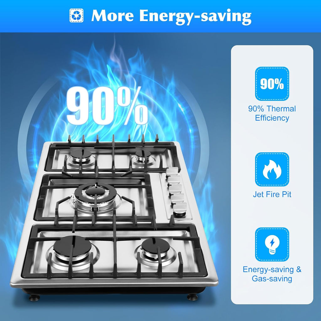 34 Inch Gas Cooktop with 5 Burners, Stainless Steel Gas Cooktop Built-In Gas Stove Top Commercial Home Gas Cooktops