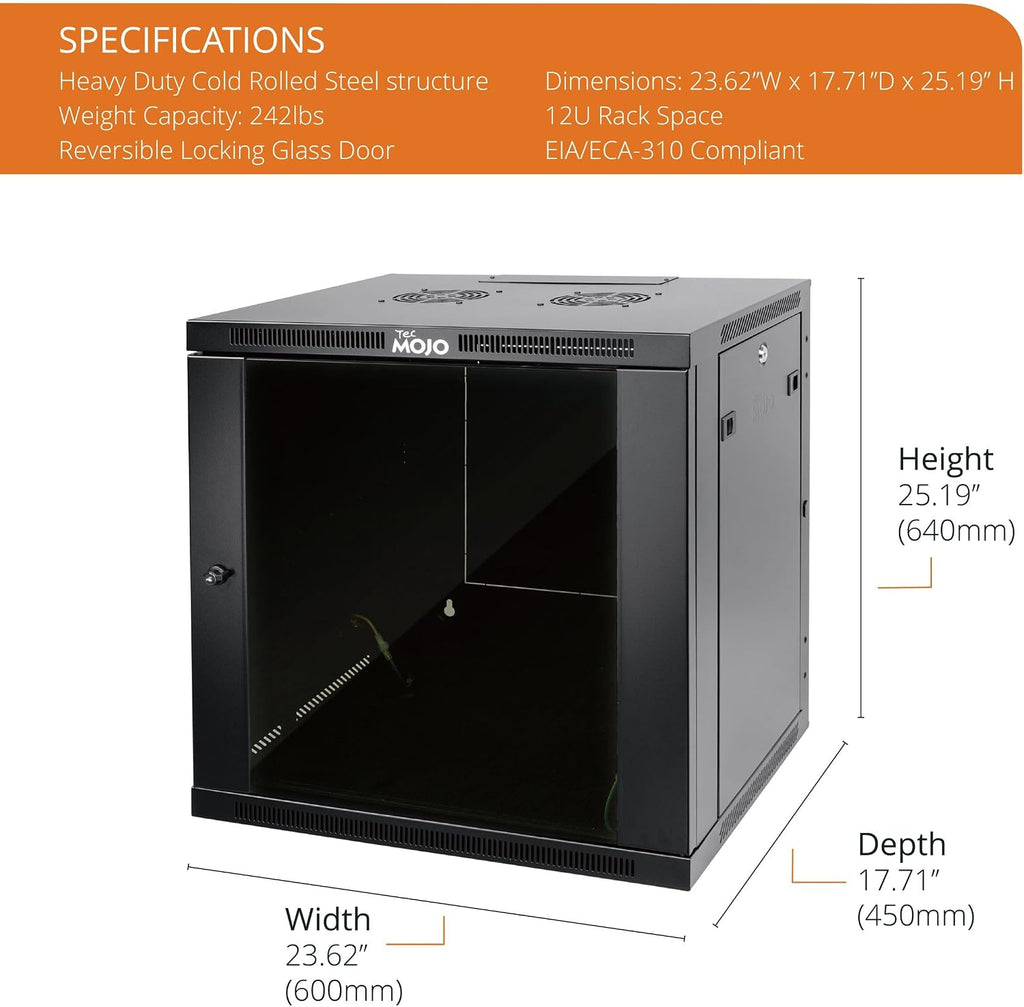 Tecmojo 12U Wall Mount Rack,12U Rack 17.7 Inch Depth,Hold Up to 176 Lbs,Enclosed Wall Mount Rack Kit for 19 Inch Network,Server and AV Gear,Glass Door(Elite Collection)