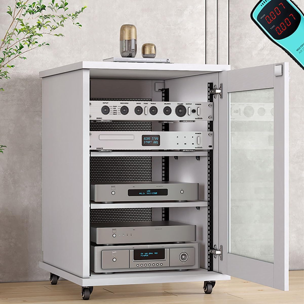 Stereo Cabinet, Stereo Racks And Stands With Storage Shelves, AV Component Media Stand, Wooden Storage Cabinet Entertainment Center Shelves Component, With Wheels Audio-Video Media Stand(Black+Gold,H6