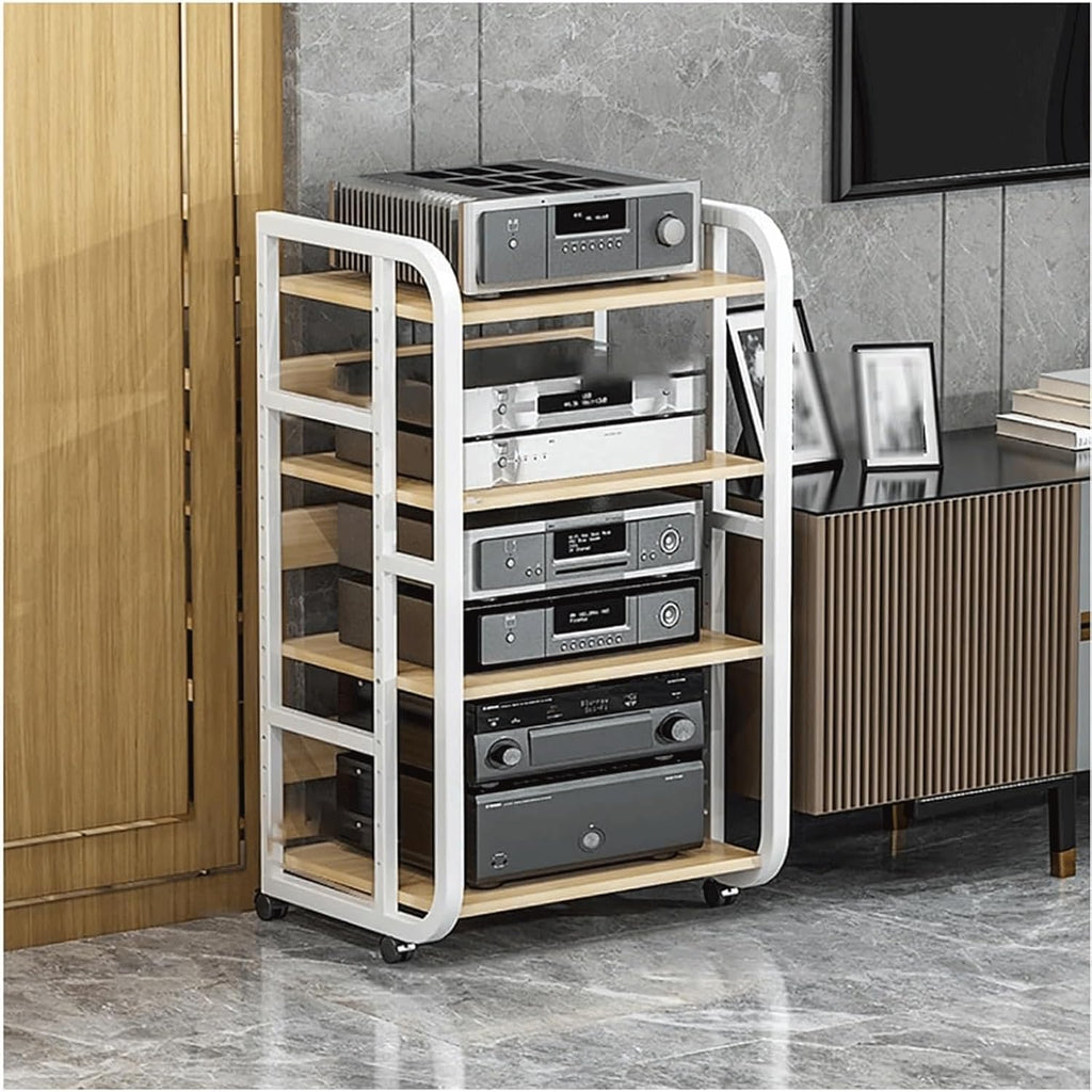 Audio Rack Stereo Rack Adjustable Audio Equipment Rack Audio Open Rack Cabinet Wooden with Wheels HiFi Rack Audio-Video Shelving(Wei�,4 Tier)