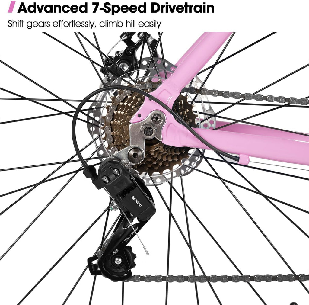 HILAND 700C Road Hybrid Bike, 7 speeds Bikes Urban City Commuter Bicycle with Disc Brake for Men Women Adult Comfortable Bicycle