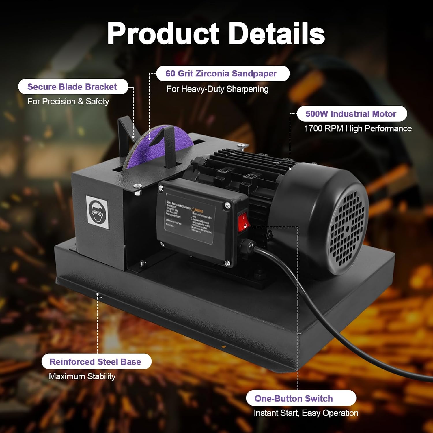 Lawn Mower Blade Sharpener, 2/3HP 500W Lawnmower Blade Bench Grinder with 7-inch Zirconium Corundum Sandpaper Wheel, Bench Mower Sharpening Machine for Various Lawn Mower Blades