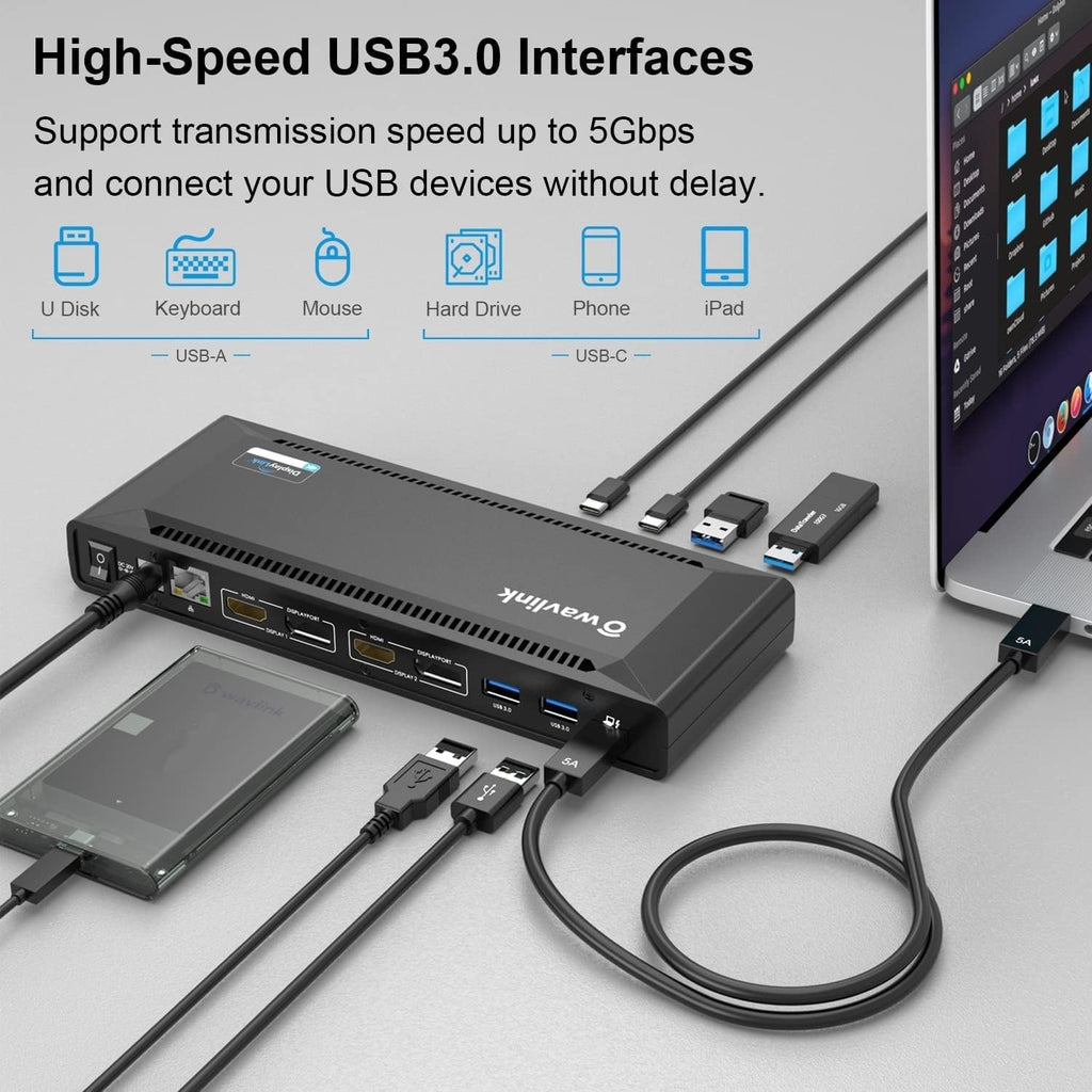WAVLINK 4K Universal USB C Docking Station Dual Monitors, Displaylink Dock, 100W PD Charging for MacBook Neo/Air/Pro, Thunderbolt 4/3, USB-C Windows Mac, 2 DisplayPort & 2 HDMI, Ethernet, Audio