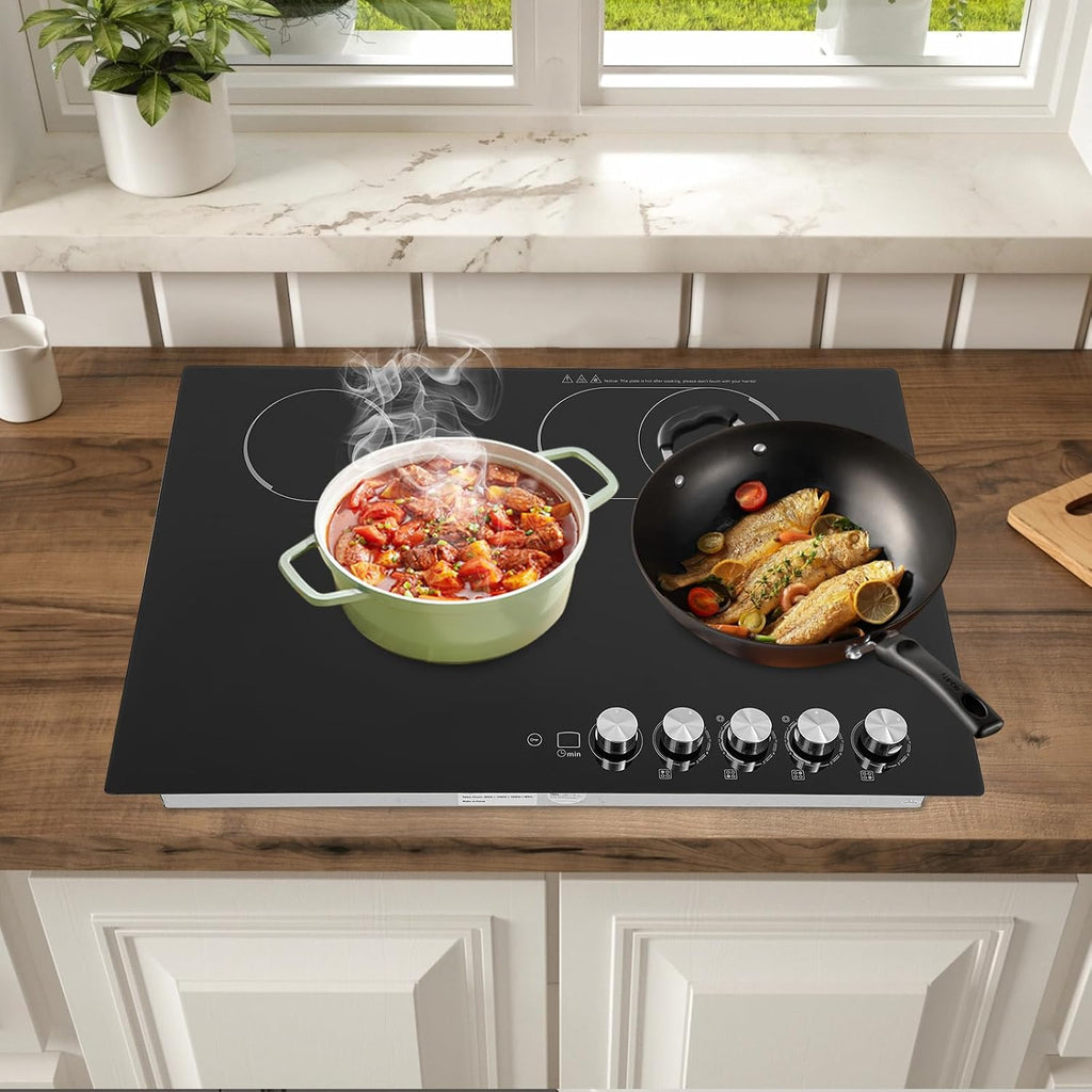 30 Inch Electric Cooktop Built-in Electric Cooktop, 4 Burner Stove Top, 3700W Electrical Ceramic Cooktops with 90Min Timer Ceramic Cook Top, 110V Electrical Stove 4 Burners with Knob Control