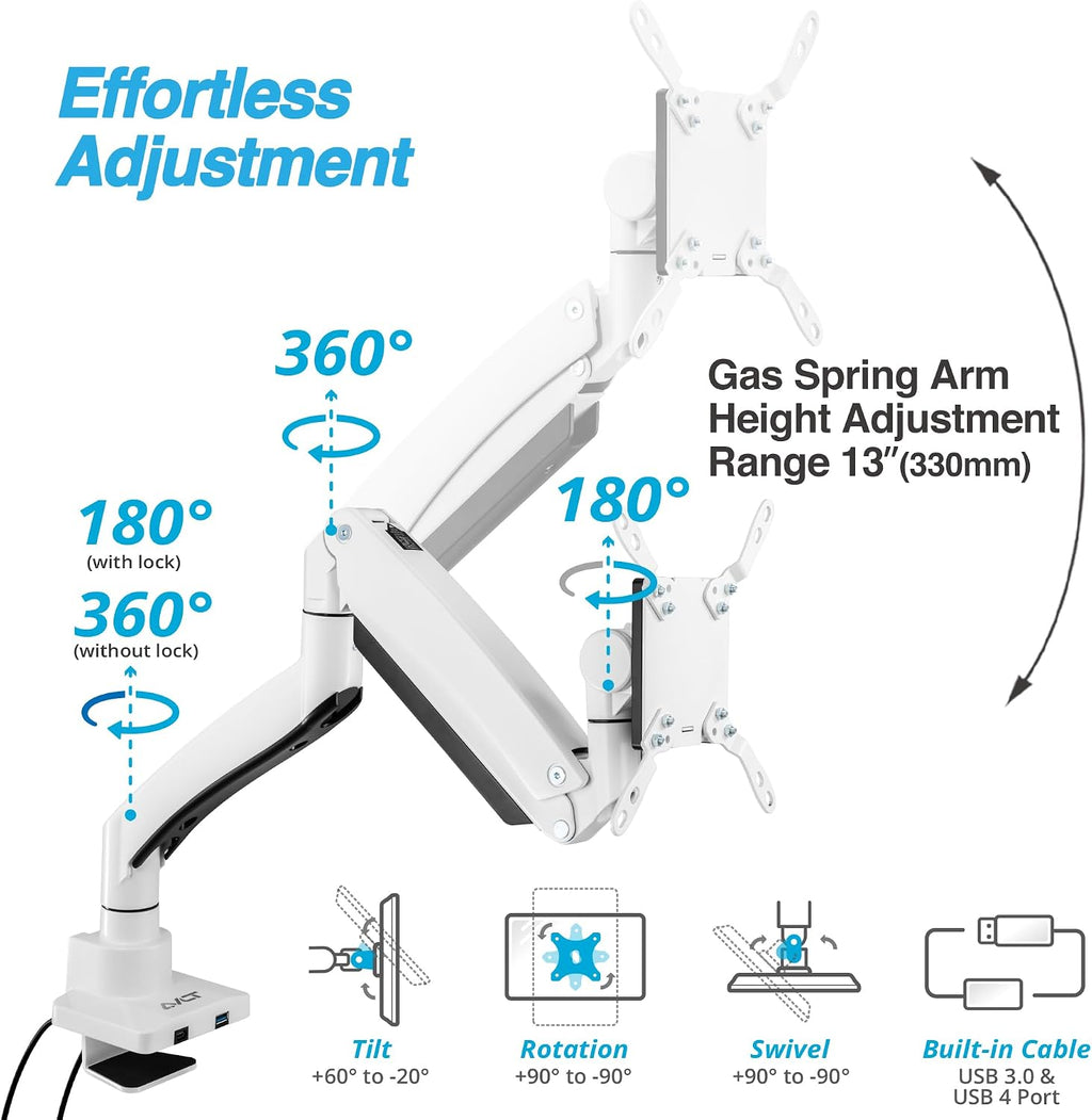AVLT Single 17'-57' Super Ultrawide Monitor Arm for Screens Up to 59.5 lbs, Premium Aluminum Desk Stand, Adjustable Pneumatic Height, Full Motion Swivel Tilt Rotation, USB-C&A Ports, White
