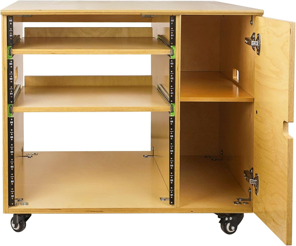 Sound Town DIY 11U Solid Baltic Birch Plywood Plywood Studio Rack with Slide-Out Trays, Cabinet, Casters, Golden Oak, for Recording Room, Home Studio (SDRK-CR11)