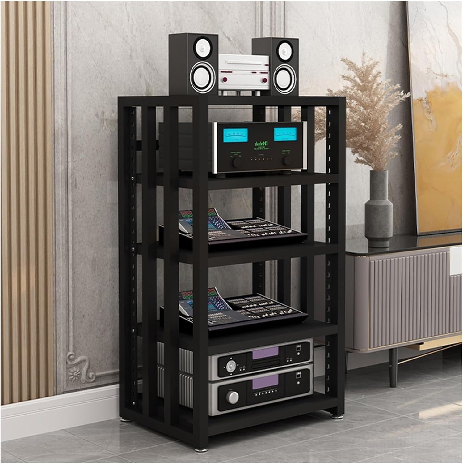 3/4/5-tier Shelves Audio Video Media Stand Cabinet, Modern Stereo Record Player Equipment Rack for Restaurant/Classroom/Bedroom/Conference Room, Height-Adjustab(5 Tier Black Board)