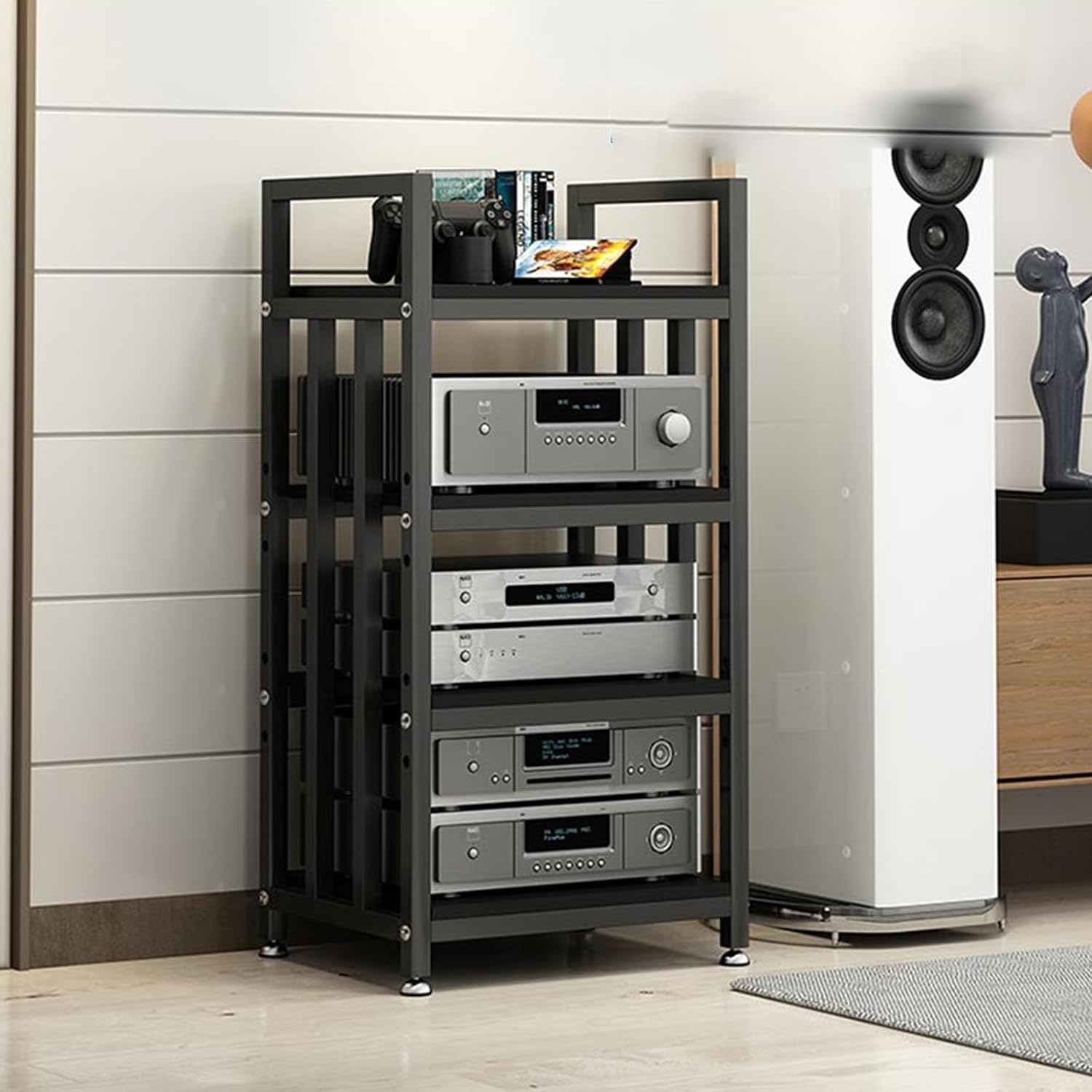 4-Tier Storage DVD CD Player Stand, Wooden AV Media Cabinet for Home/Office/Theater, Stereo Rack for Audio Video Components, Amplifier Shelf, Media Organizer