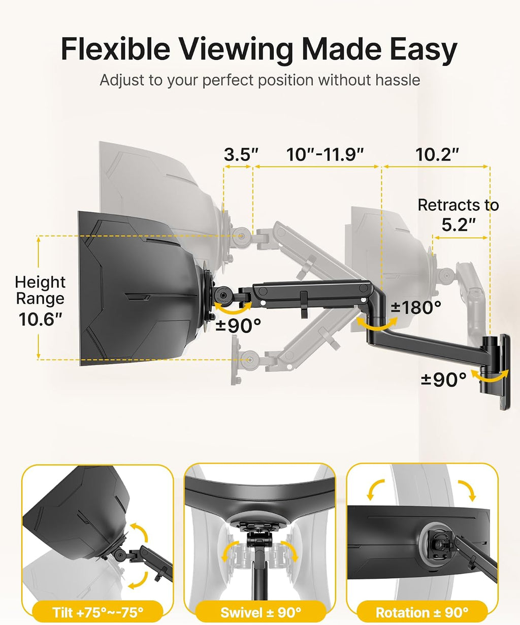 monTEK Monitor Wall Mount for 17-57' up to 59.4 lbs Ultrawide Screens, Single Heavy-Duty Aluminum Gas Spring Monitor Arm with Full Motion Adjustment, VESA 75x75/100x100 Compatible, Black