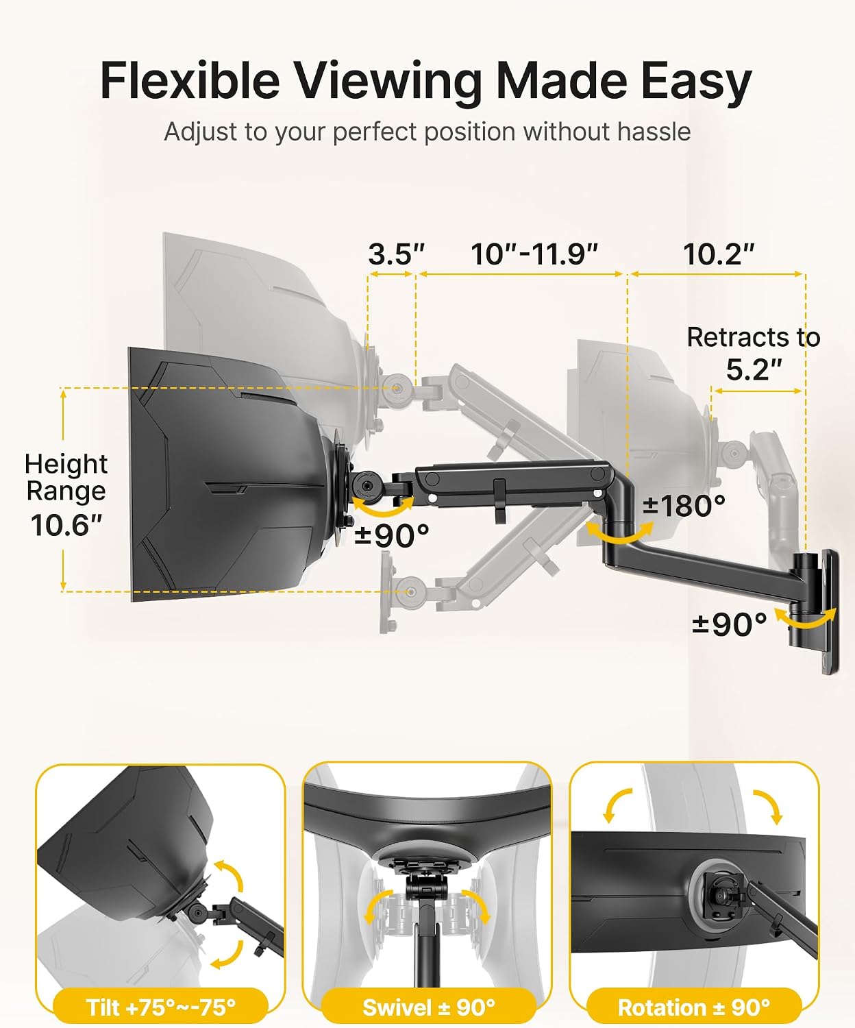 monTEK Monitor Wall Mount for 17-57' up to 59.4 lbs Ultrawide Screens, Single Heavy-Duty Aluminum Gas Spring Monitor Arm with Full Motion Adjustment, VESA 75x75/100x100 Compatible, Black