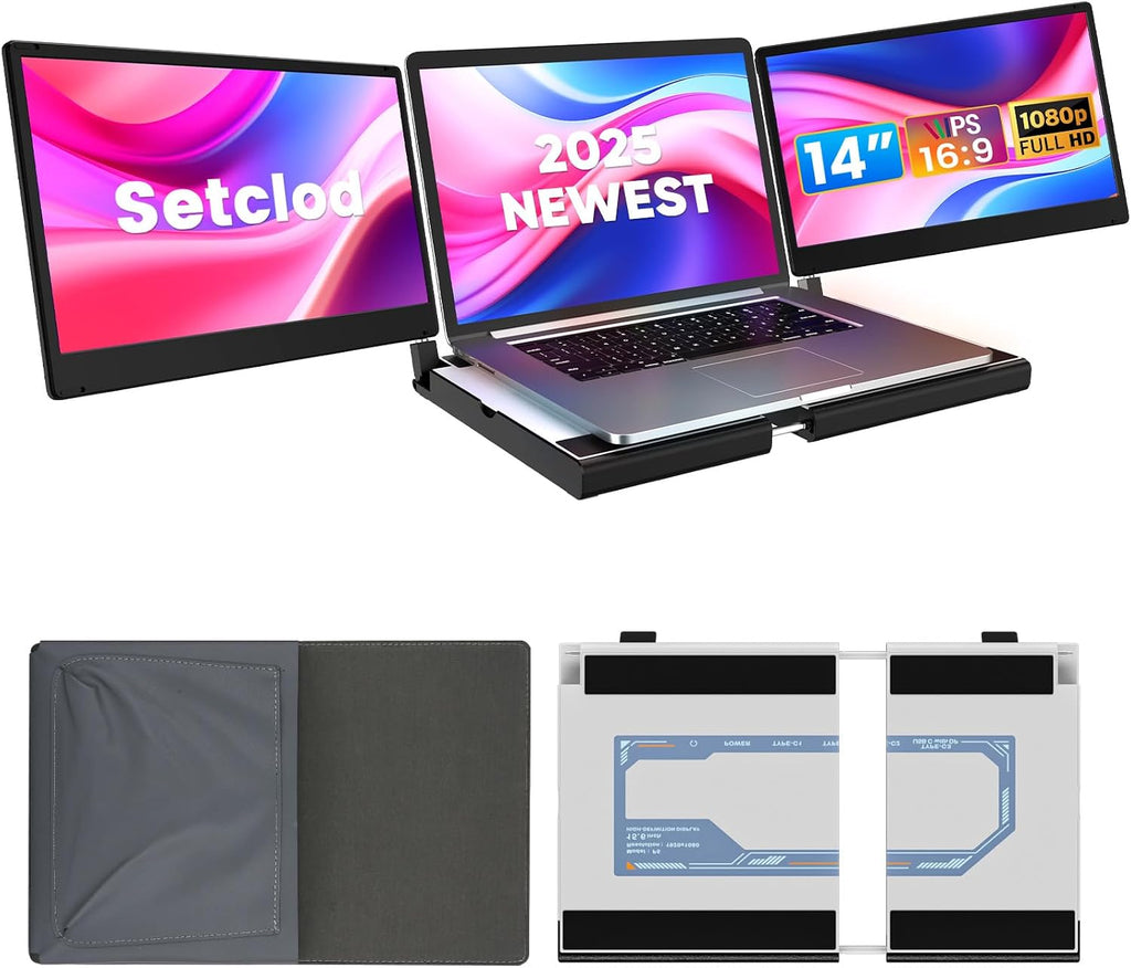 Setclod 14' FHD 1080P Laptop Monitor Extender, Triple Screen, Portable, Compatible with Mac, Windows, Chrome (Triple 14' Monitor)
