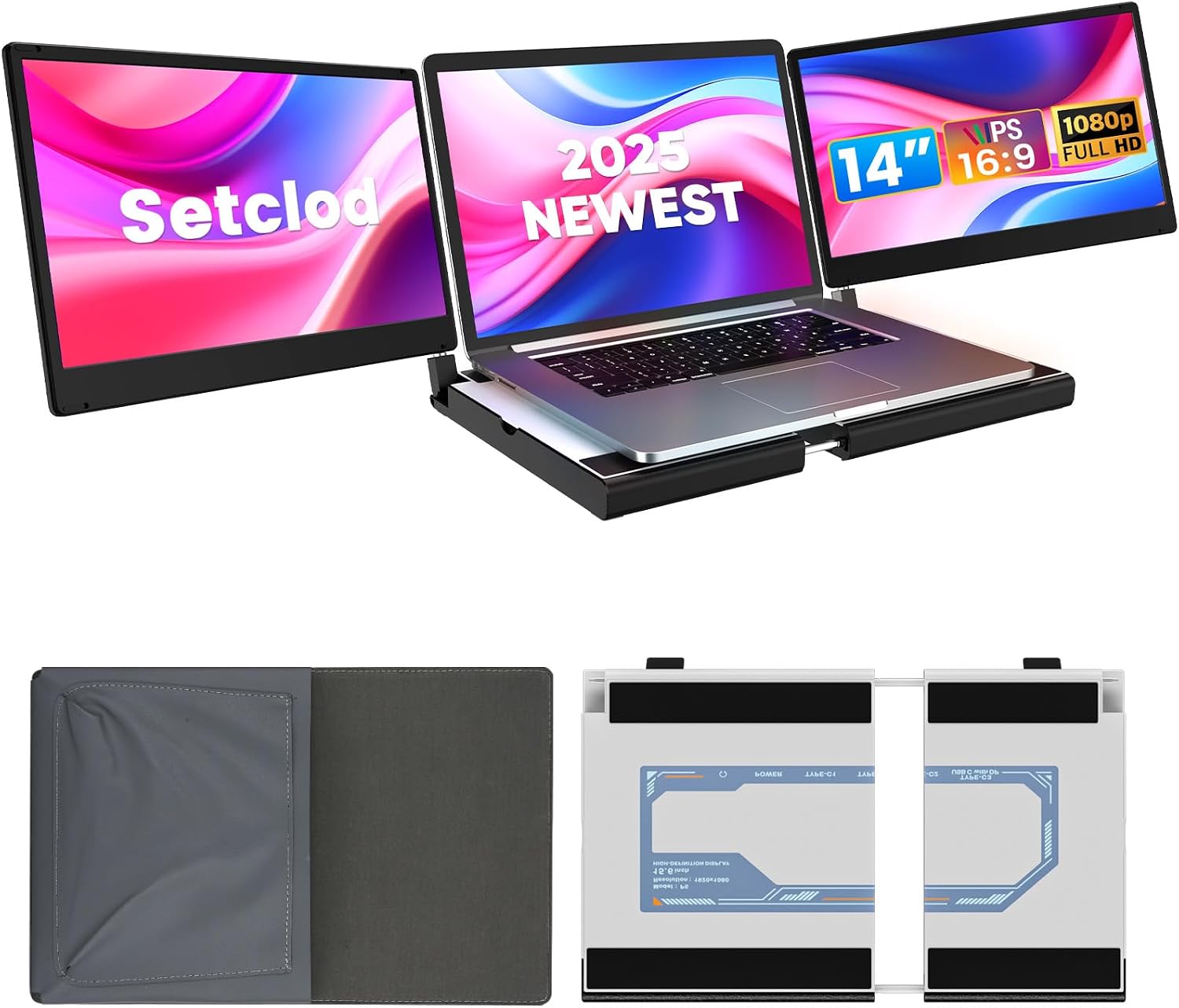 Setclod 14' FHD 1080P Laptop Monitor Extender, Triple Screen, Portable, Compatible with Mac, Windows, Chrome (Triple 14' Monitor)