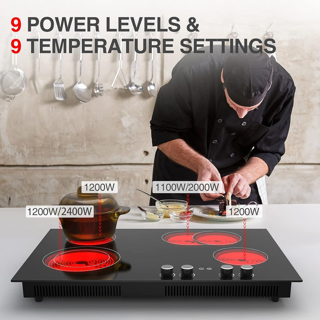 Electric Cooktop, 30 Inch Built-in Electric Smoothtop with 4 Elements, Touch & Knob Control, 9 Heating Levels, Child Lock, Timer, Hot Surface Indicator, 6800W Electric Stove Top Hot Plate