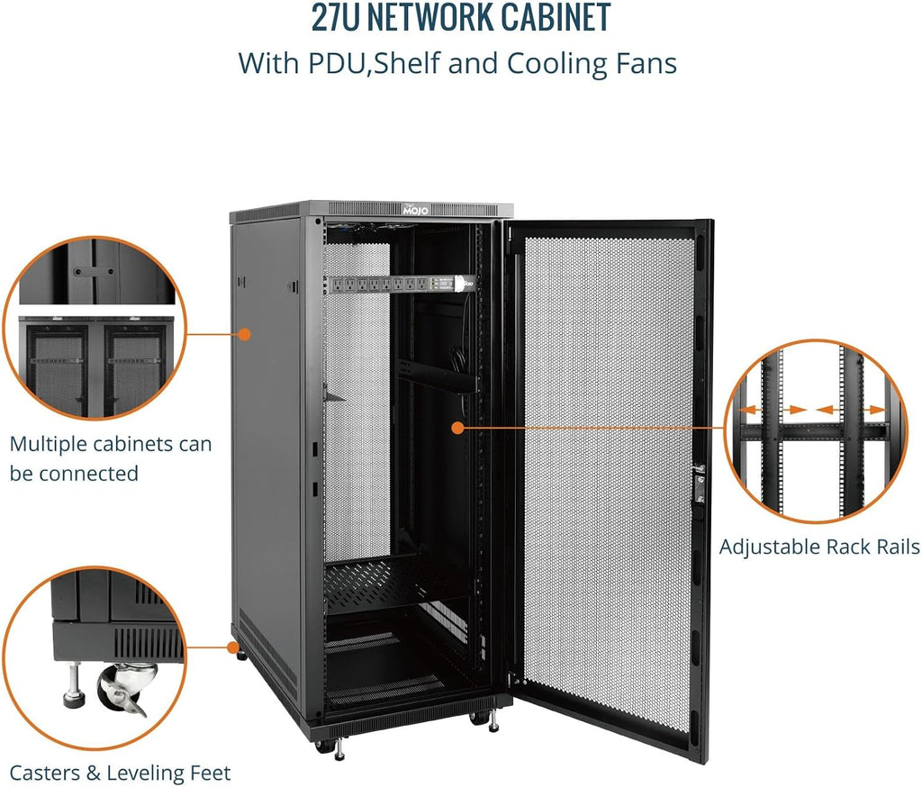 Tecmojo Network Rack Cabinet,27U Server Rack,23.6 Inch Depth,Hold Up to 1800Lbs,Lockable Cabinet with Casters and Complete Accessories,Mesh Door,for Home,Office,Small Business (27U 23.6' w*23.6' d)