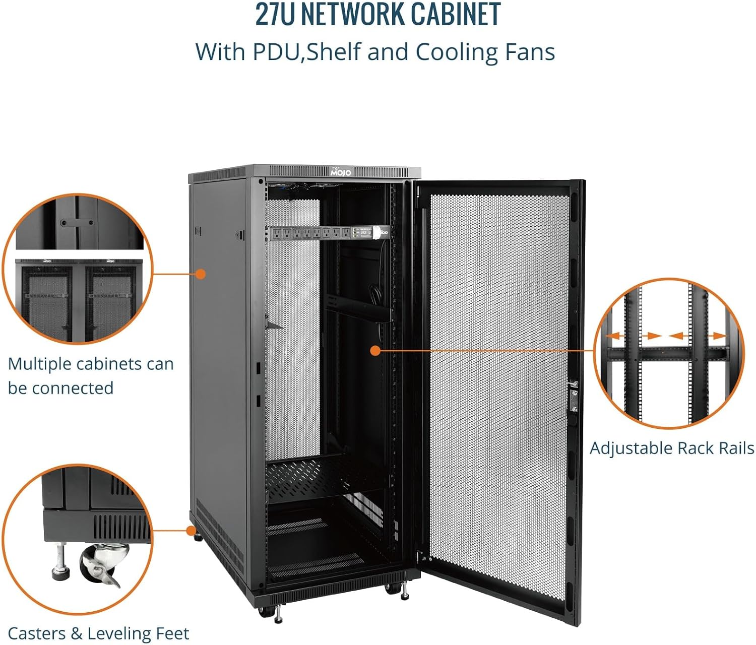 Tecmojo Network Rack Cabinet,27U Server Rack,23.6 Inch Depth,Hold Up to 1800Lbs,Lockable Cabinet with Casters and Complete Accessories,Mesh Door,for Home,Office,Small Business (27U 23.6' w*23.6' d)