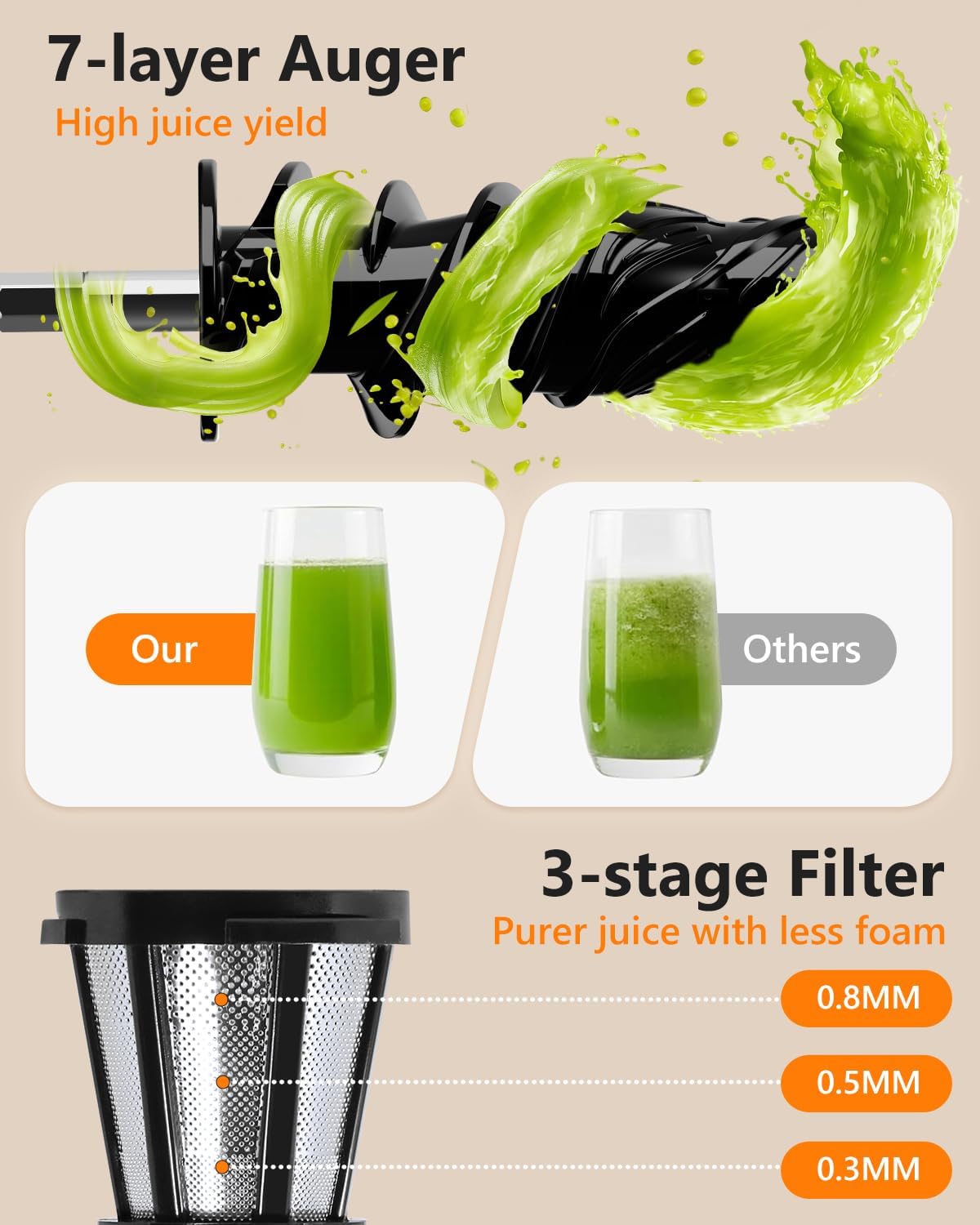 Cold Press Slow Juicer for Fruits & Vegetables Celery Carrot Ginger, Masticating Juicer Machine Soft Hard Mode, Reverse Function,250W Motor, Easy To Clean, Fresh Orange Juice Extractor