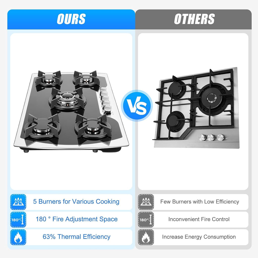 5 Burner Gas Stove, 30In Gas Cooktop, NG/LPG Dual Fuel Cooktops Gas Cooker, Built-In Stove Top Stainless Steel with Tempered Glass Panel, Independent Switch Control, for Home Kitchen, Restaurant