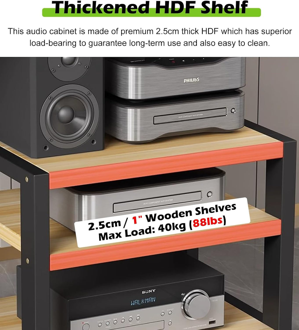 Small 3 Tier Audio Cabinet Rack, Wood Audio Video Component Tower, AV Media Equipment Stand, Floor Standing Corner Shelf for Record Player