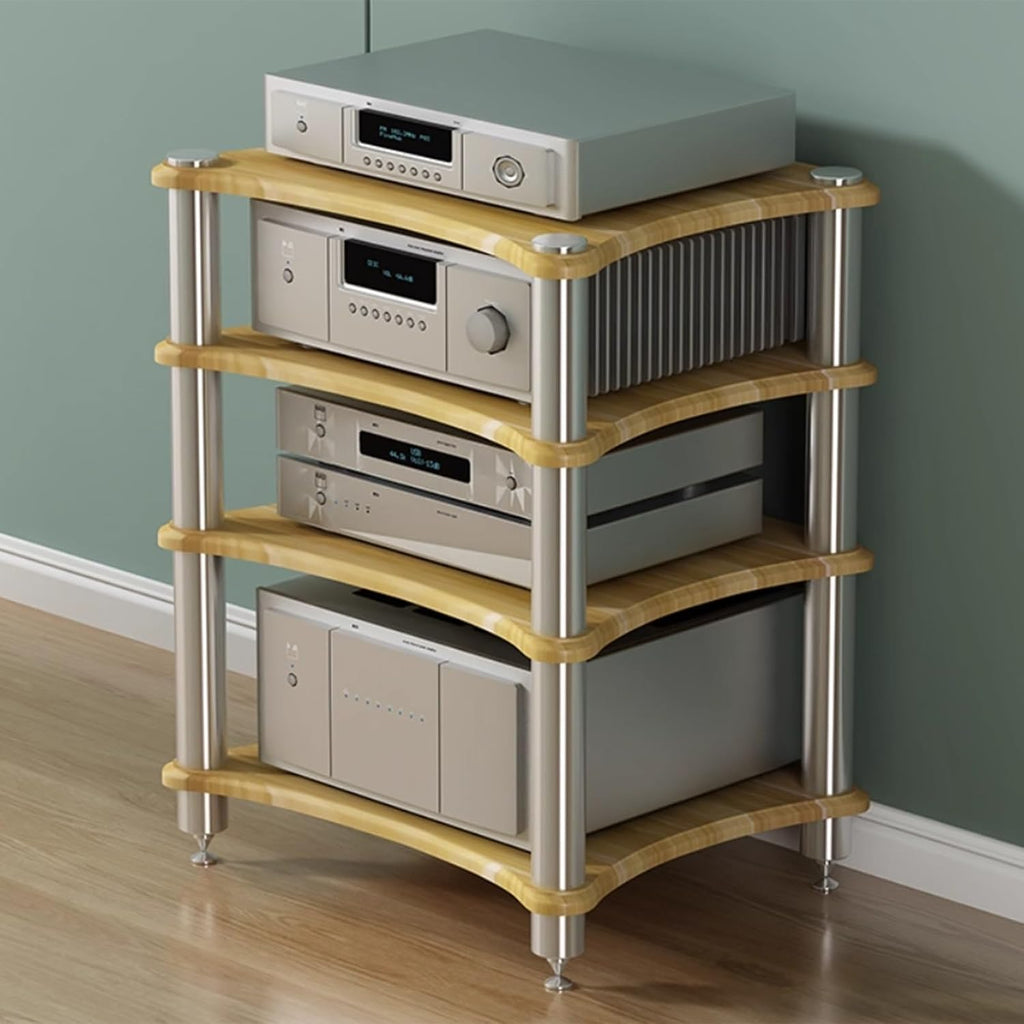 4 Tier HiFi Audio Rack for Amplifier Receiver Turntable, Heavy Duty Speaker Equipment Stand with Spikes, AV Component Storage Cabinet, Media Console for Home Theater(Wood)