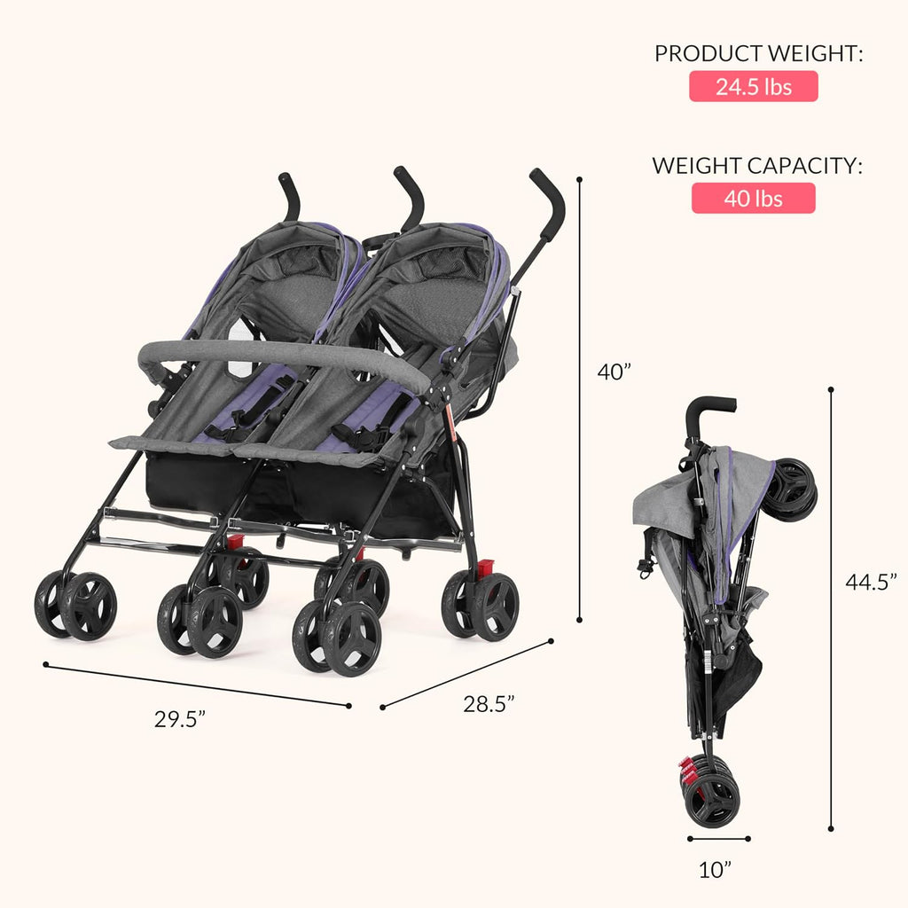 Dream On Me Volgo Twin Baby Stroller, Lightweight Side-by-Side Double Umbrella Stroller with Adjustable Canopy, 5-Point Harness, Storage Basket & Travel-Friendly Fold – Purple