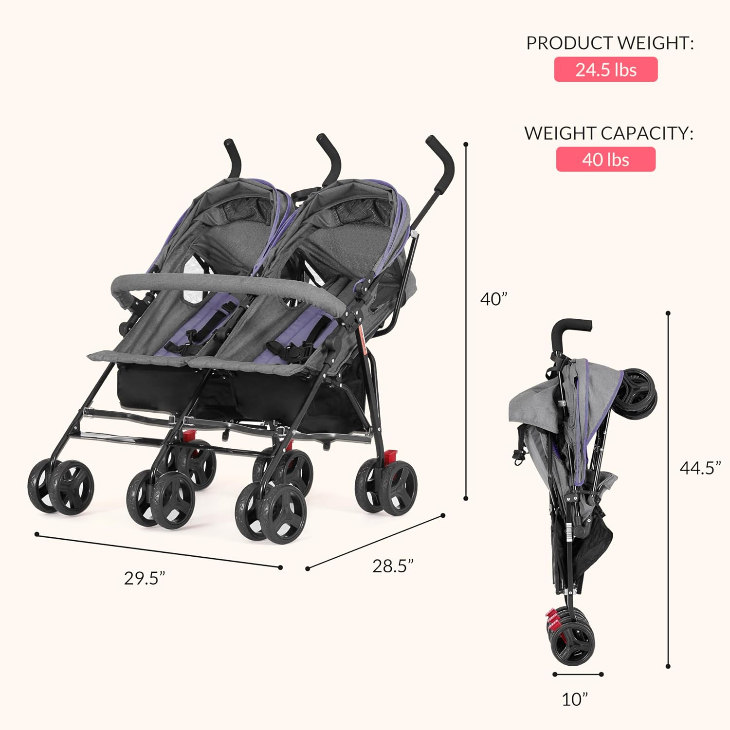 Dream On Me Volgo Twin Baby Stroller, Lightweight Side-by-Side Double Umbrella Stroller with Adjustable Canopy, 5-Point Harness, Storage Basket & Travel-Friendly Fold – Purple