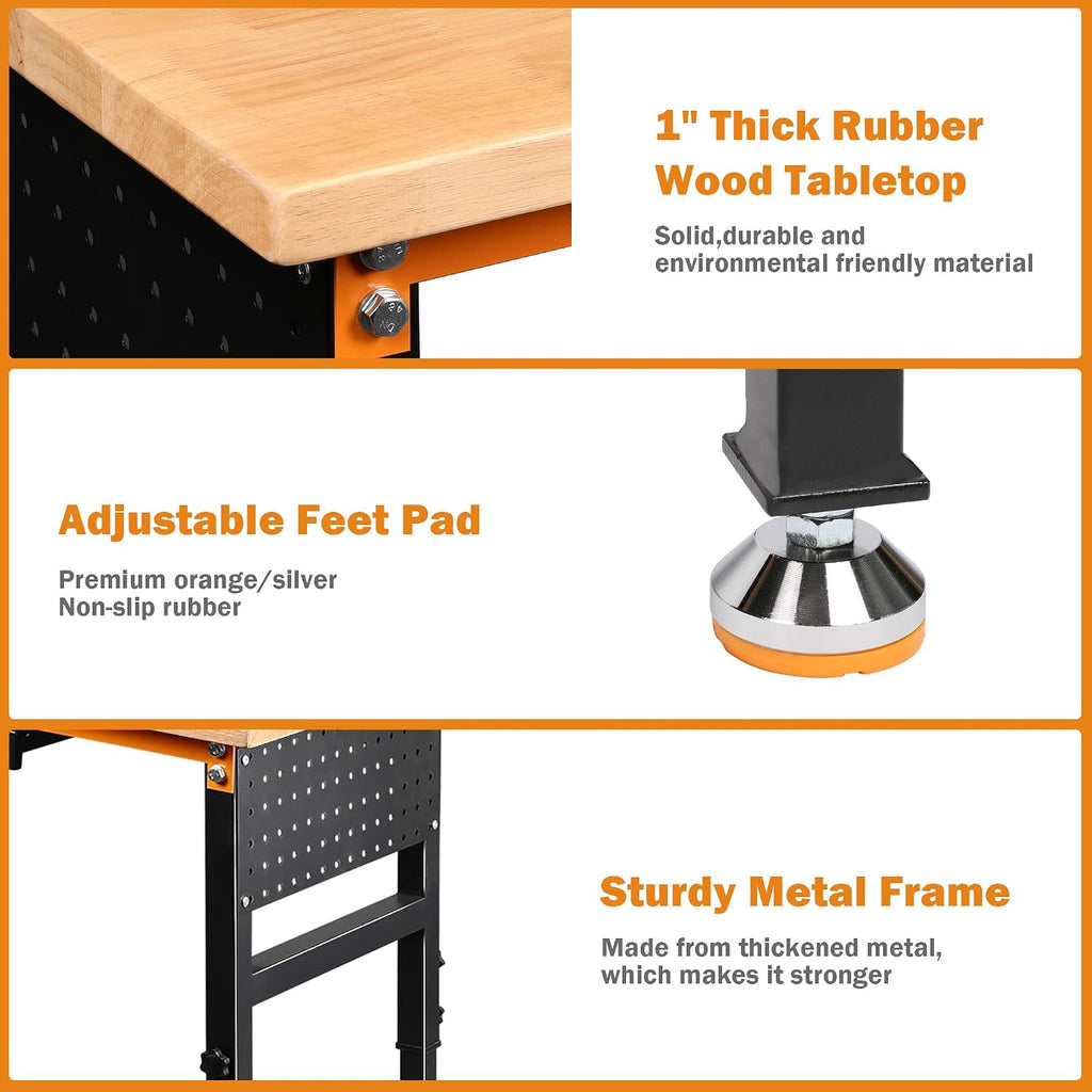 Betterhood 60' Heavy-Duty Adjustable Workbench for Garage, Rubber Wood Shop Table W/Double Pegboards & Drawer,Hardwood Workstation Weight Capacity Over 2000 Lbs