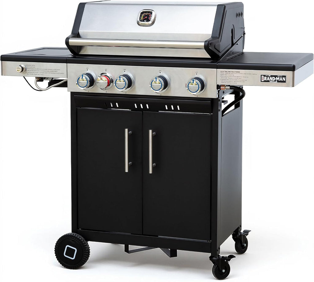 Brand-Man Propane Gas Grill, 4 Burner Compact Cabinet Style Gas BBQ Grill with Infrared Side Burner & Side Table for Outdoor Barbecue Grilling & Backyard Cooking