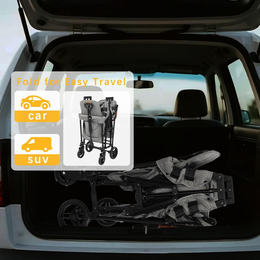 Wagon Stroller for 2 Kids, Foldable All-Terrain Wagon for Kids with Canopy, Adjustable Push and Pull Handles,Convertible High Seat & Organizer, 5 Point Harness (Light Gray)