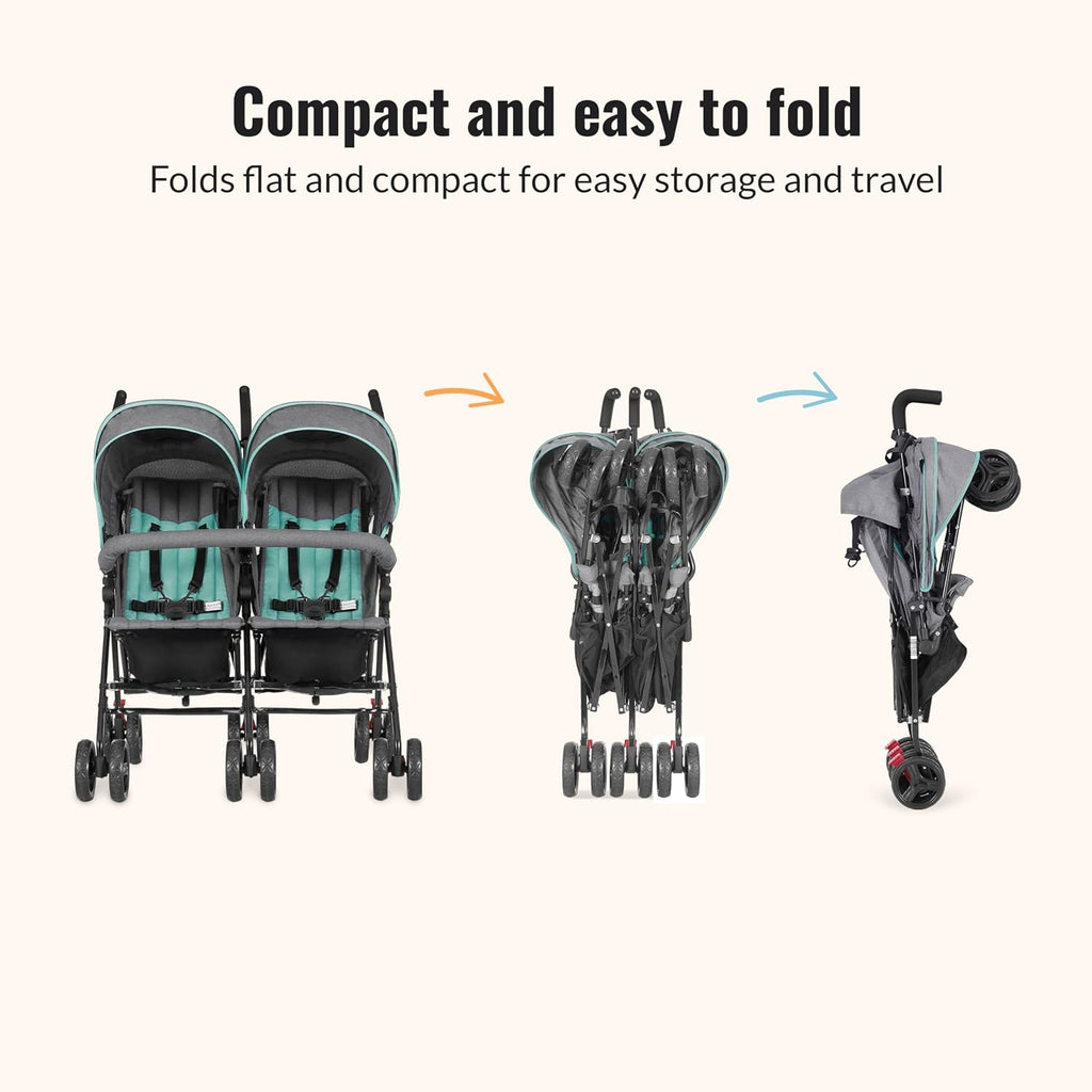 Dream On Me Volgo Twin Baby Stroller, Lightweight Side-by-Side Double Umbrella Stroller with Adjustable Canopy, 5-Point Harness, Storage Basket & Travel-Friendly Fold – Mint