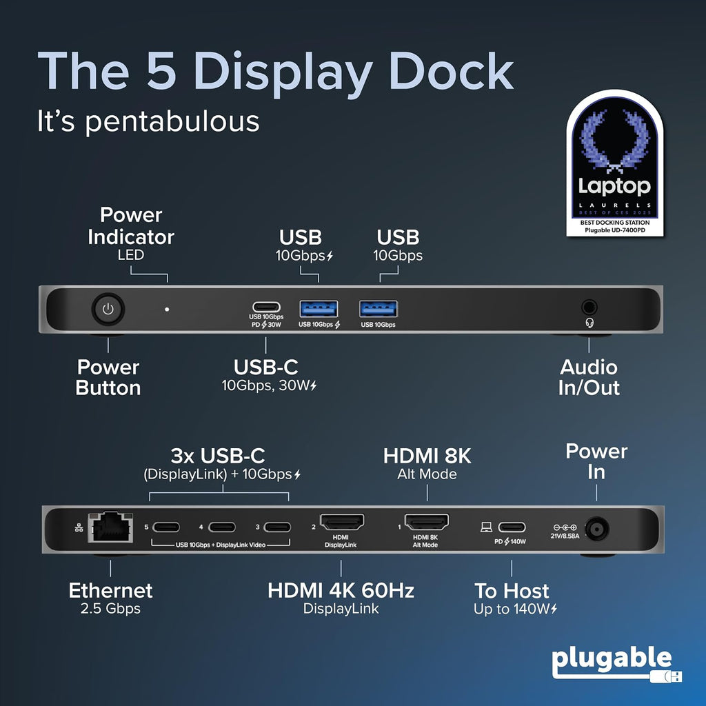 Plugable USB C Docking Station 5 Monitors, 140W DisplayLink Dock Connects up to Five 4K Displays for MacBook Windows Thunderbolt 4 Laptops, 2X HDMI, 3X USBC 2.5Gbps Ethernet, Driver Required DL7400