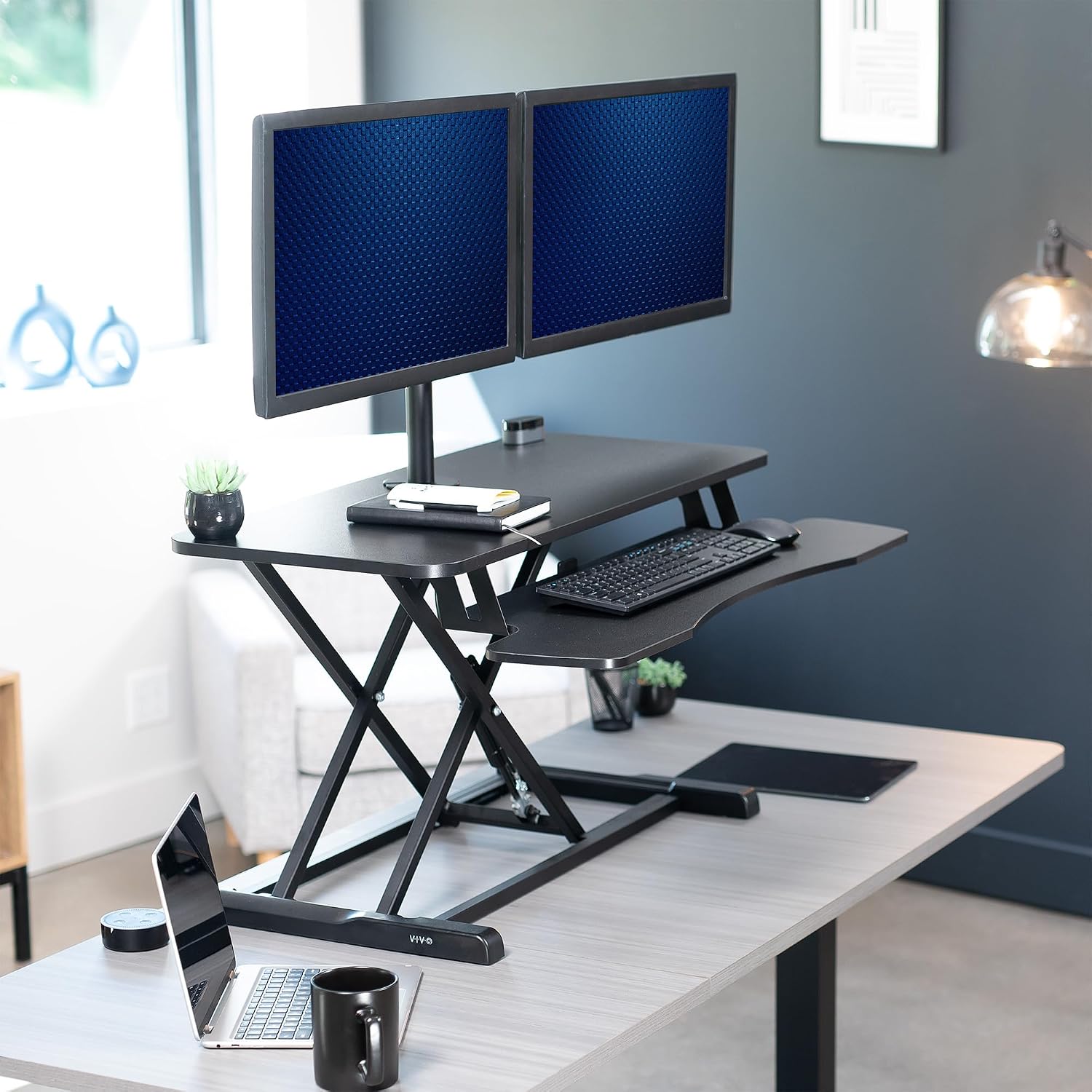 VIVO Height Adjustable 36 inch Standing Desk Converter with Dual 13 to 30 inch Monitor Stand, Sit Stand Monitor Mount and Desk Riser, Black, DESK-V036K-M2