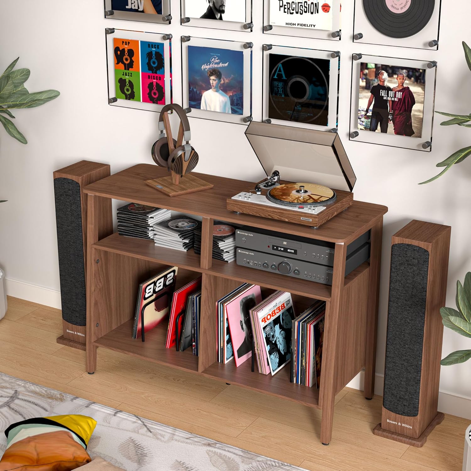 Mxtxmy Large Record Player Stand,Mid Century Turntable Stand Table with Open Storage Holds up to 300 Albums,Vinyl Record Storage Display Shelf for Living Room Bedroom (Walnut)