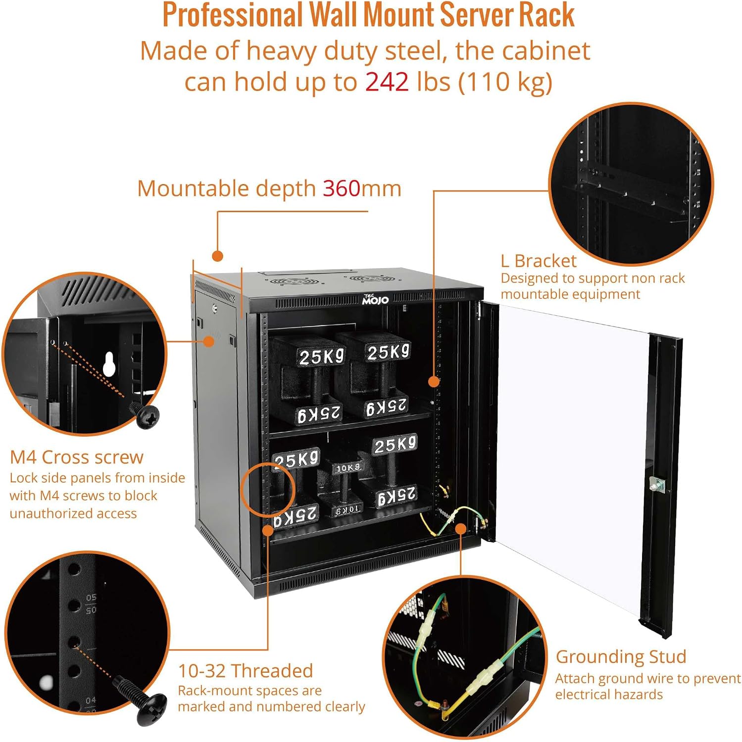 Tecmojo 15U Wall Mount Rack,15U Rack 17.7 Inch Depth,Hold Up to 176 Lbs,Enclosed Wall Mount Rack Kit for 19 Inch Network,Server and AV Gear,Glass Door(Elite Collection)
