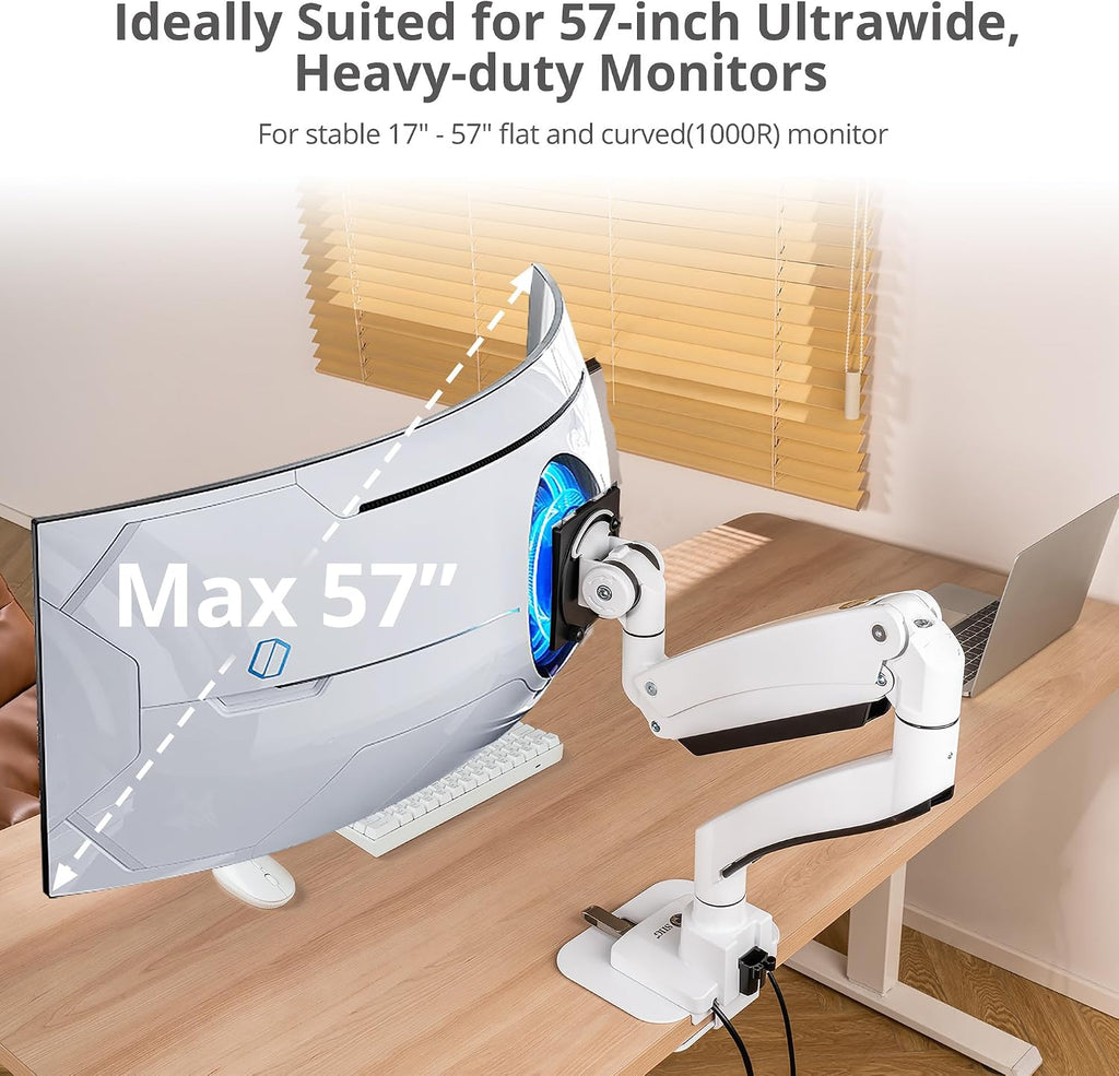 SIIG Ultra Heavy Duty Single Monitor Arm Desk Mount with USB A/C for Ultrawide Monitors up to 57 inches and 59.5 lbs - VESA 75/100/200, C-Clamp and Grommet (CE-MT3Z11-S1)