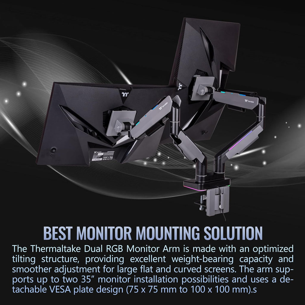 Thermaltake Dual Heavy Duty RGB Monitor Arm for up to 2 x 35 inchs and 2 x 44 lbs Screen, 100 x 100 mm VESA Compatible, Wide Rage Movements, GEA-MSR-DMSBLK-01