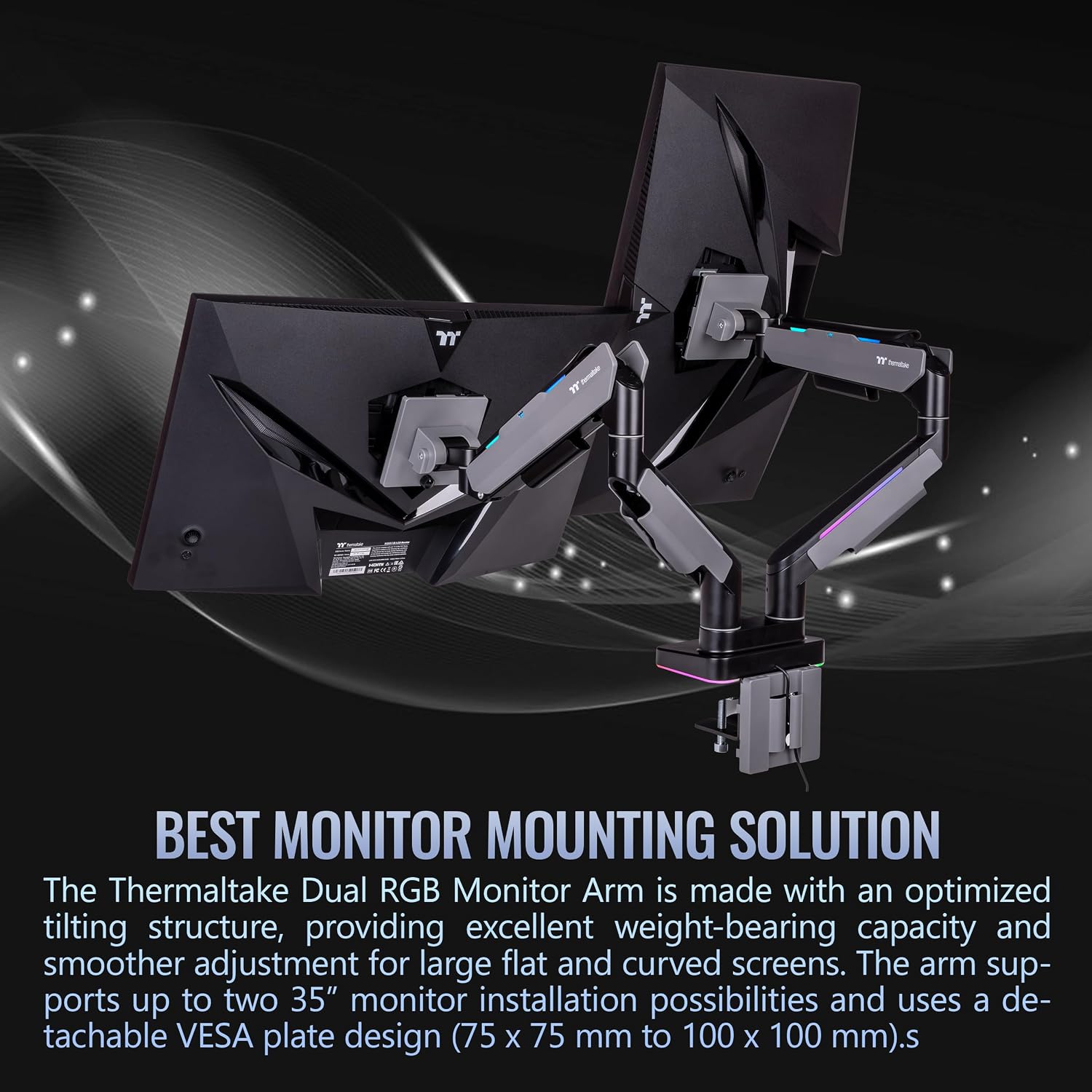 Thermaltake Dual Heavy Duty RGB Monitor Arm for up to 2 x 35 inchs and 2 x 44 lbs Screen, 100 x 100 mm VESA Compatible, Wide Rage Movements, GEA-MSR-DMSBLK-01