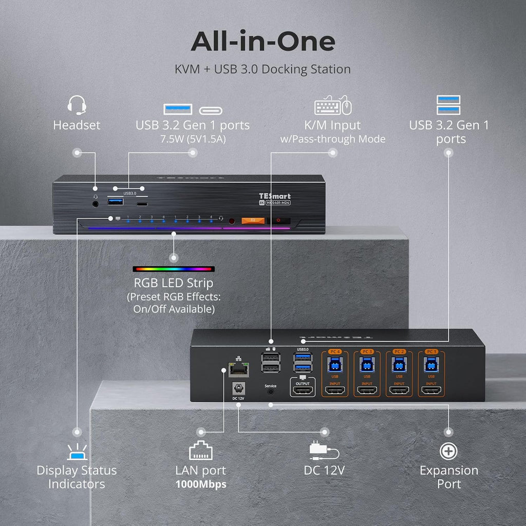 TESmart 8K@60Hz HDMI KVM Switch 4 Computers 1 Monitor USB 3.0, 4 Port KVM 4K@144Hz for Gaming, 1G Ethernet, EDID Emulators, Hotkey Switch, ADI Chip, Audio & Microphone with All Input Cables