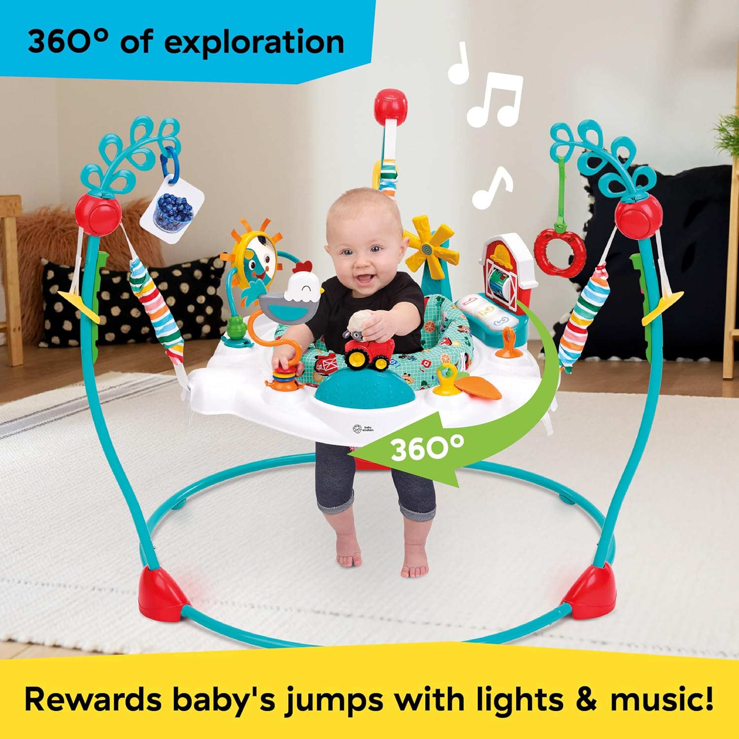 Baby Einstein Farm Explorers Jump & Learn Barnyard 2-in-1 Baby Jumper Activity Center with Interactive Toys, Music, Lights, & Sounds, Ages 6-12 Months