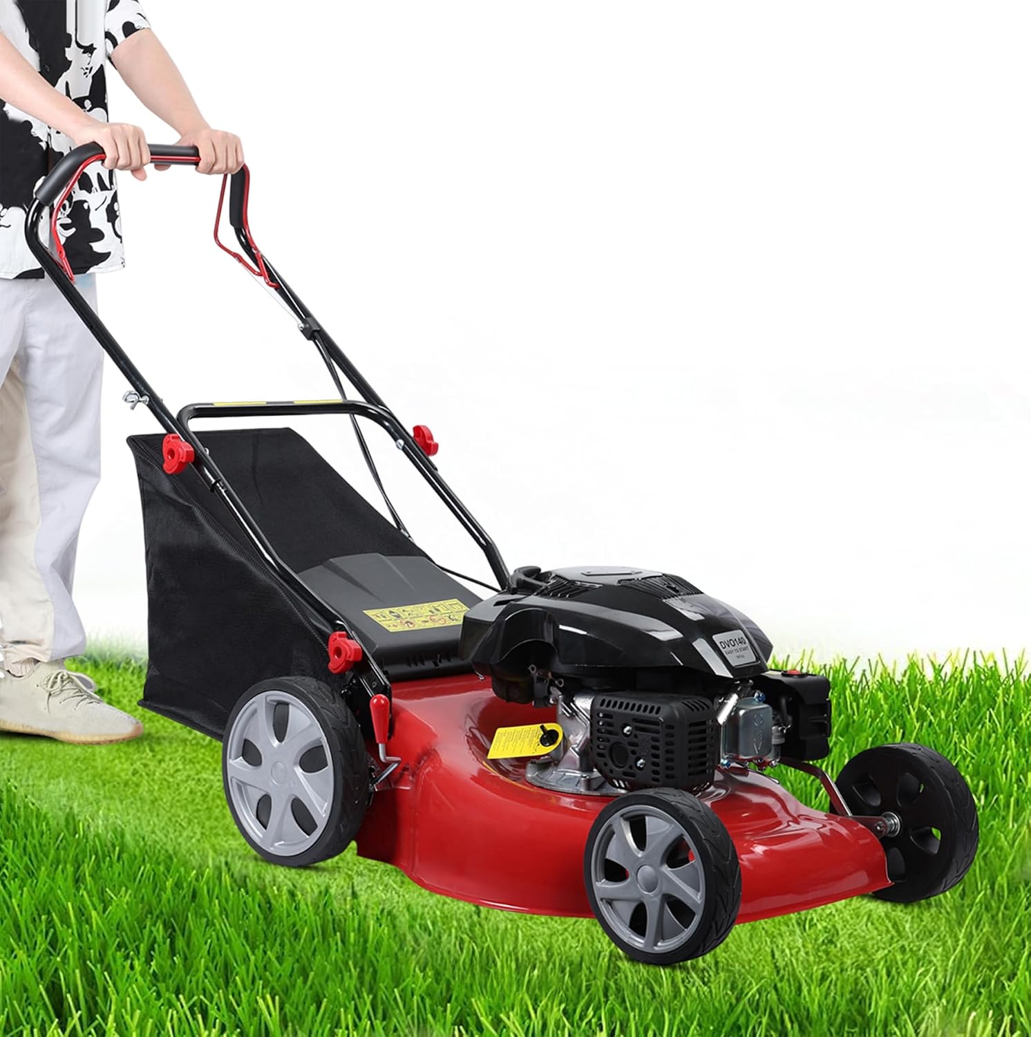 Gas-Powered Self-Propelled Lawn Mower, 141cc Gas Engine with Air Cooling, 21' Steel Deck, 3-in-1 Cutting System, 6-Level Height Adjustment, 1.4-Bushel Grass Catcher Red