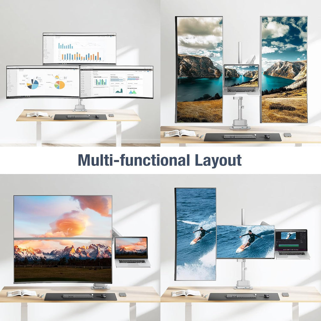 AVLT Laptop & Dual 40 Inch Stacking Monitor Arm Pole Top Mount with USB-C, A Ports - Gray, Supports 26.4 lbs (12kg), Ultrawide Screen Fit, VESA Compatible, Multi-Screens, Ergonomic Workspace Upgrade