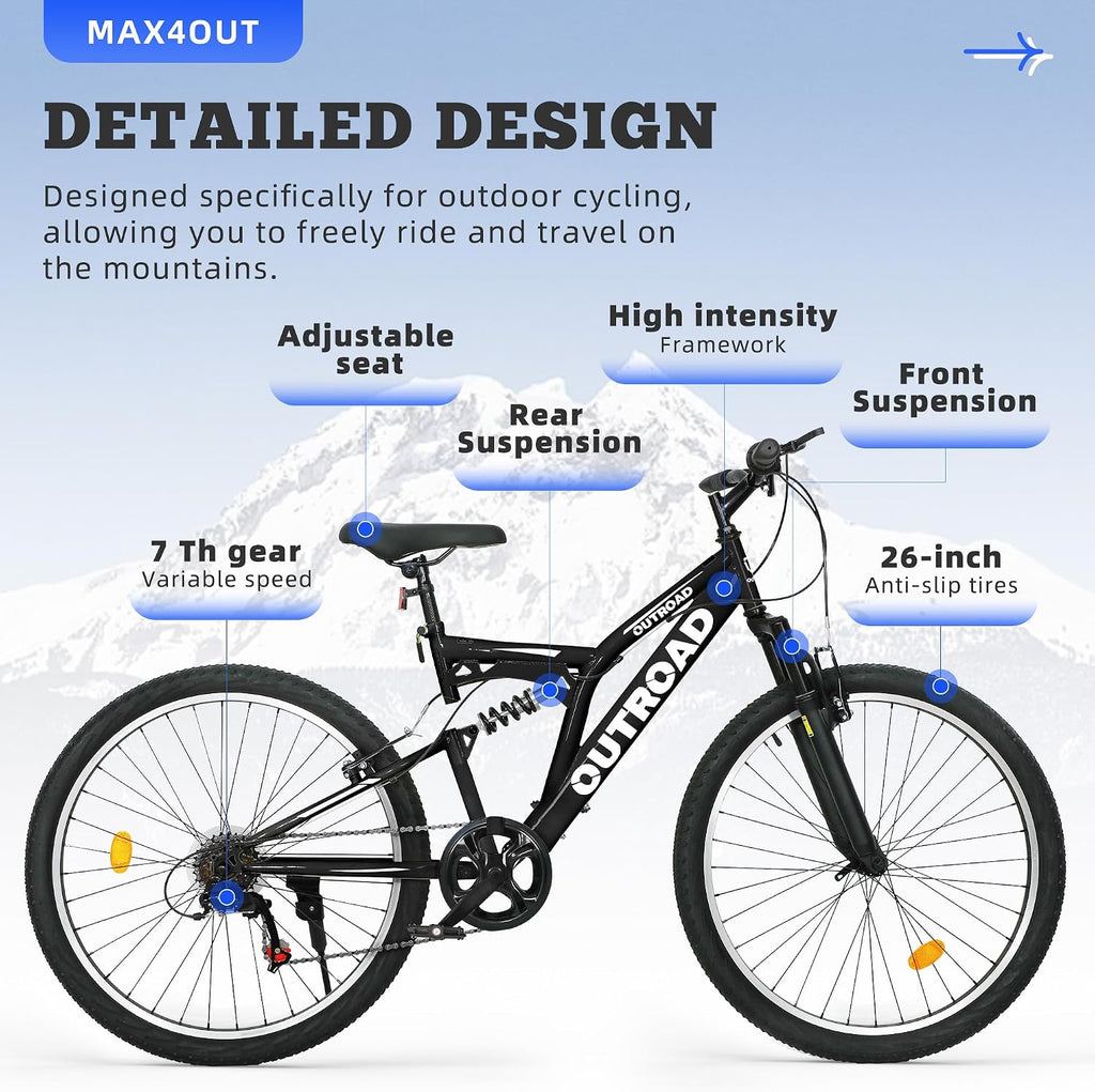 Max4out 26 inch Mountain Bike Dual Full Suspension, Outdoor Hybrid Bikes,7-Speed/High-Carbon Steel, for Men Women Adult, MTB Bicycle with Suspension Fork,Sleek Colors