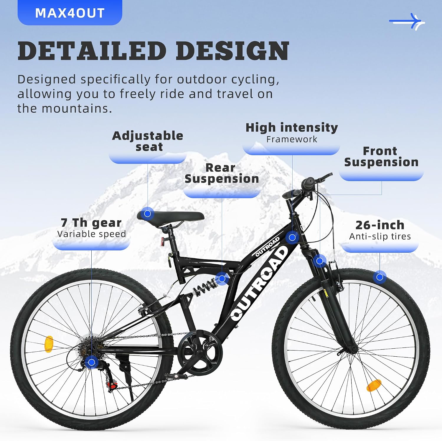 Max4out 26 inch Mountain Bike Dual Full Suspension, Outdoor Hybrid Bikes,7-Speed/High-Carbon Steel, for Men Women Adult, MTB Bicycle with Suspension Fork,Sleek Colors