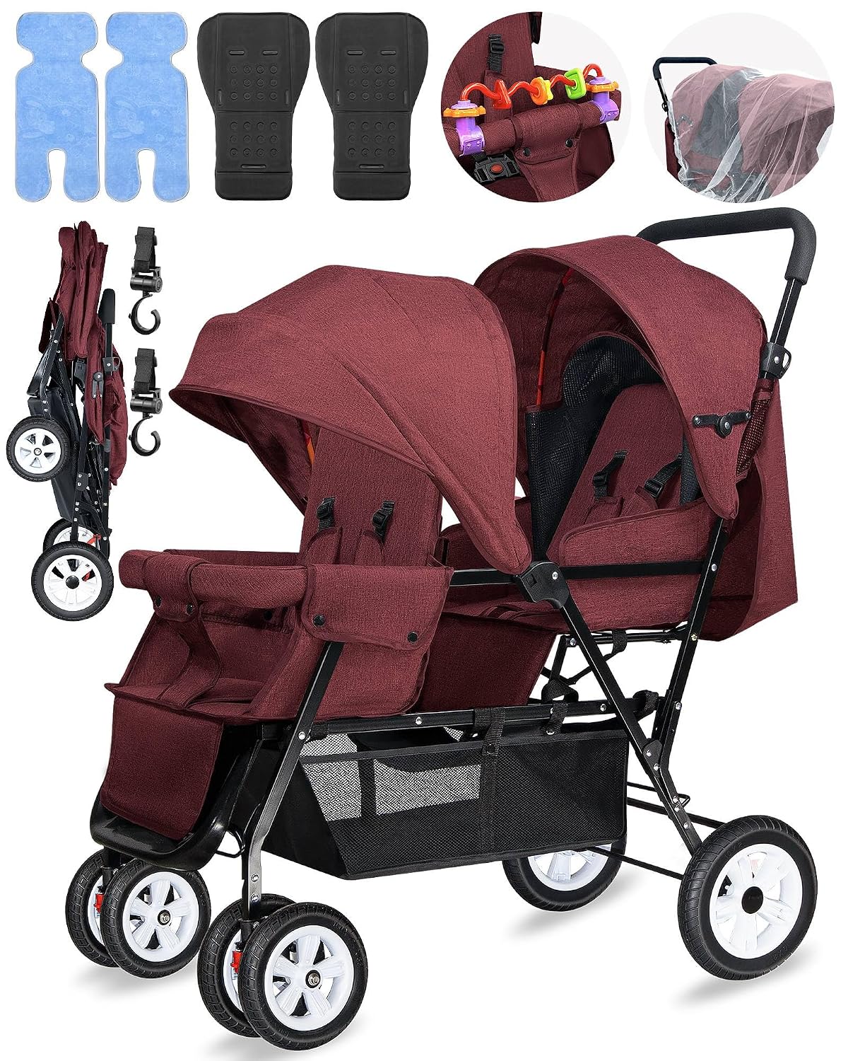 Double Stroller for Infant Toddler, Foldable Double Baby Stroller with Tandem Seating and Adjustable Backrest - Extra Gift Toys/Mosquito Net/Sleeping Mats/ 2 Cotton Pads/ 2 Hooks(Red)